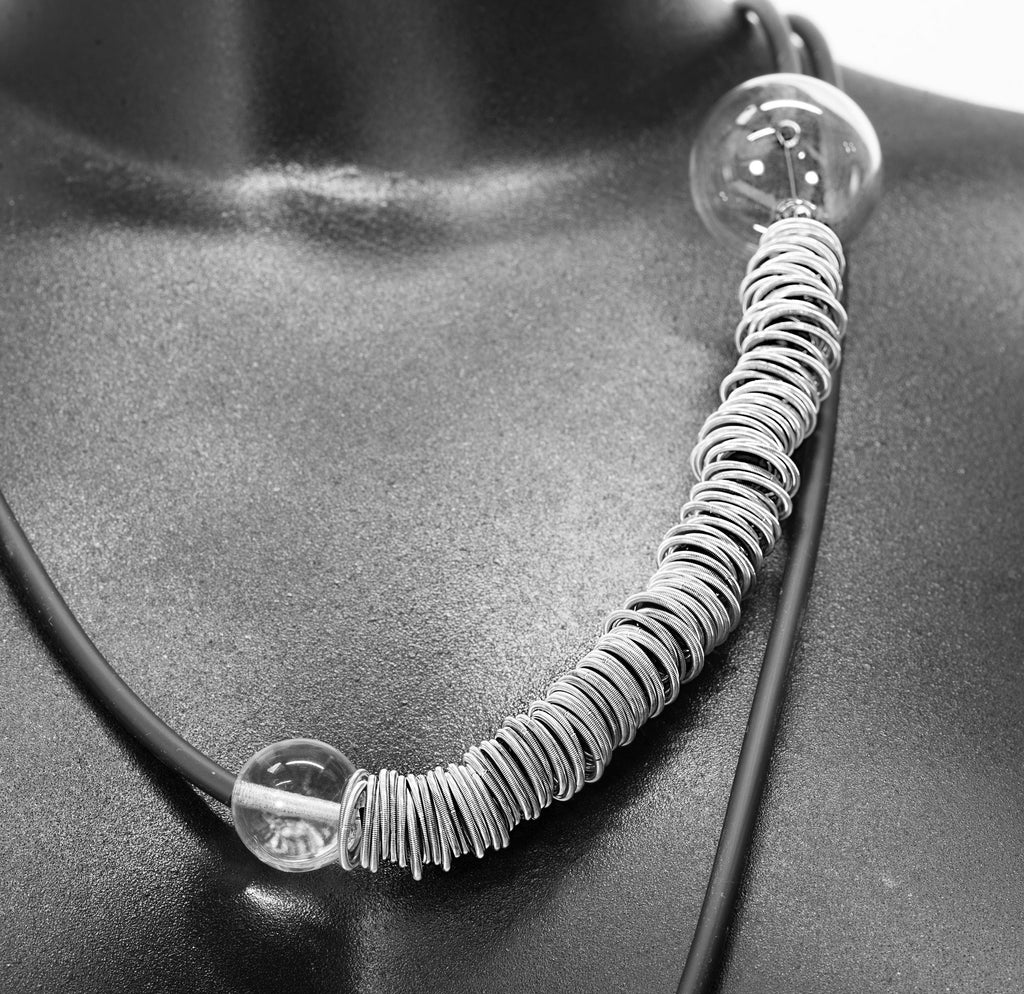 Glass necklace with blown pearls and metal rings. Glass bubbles transparent beads. Statement necklace - Murano glass