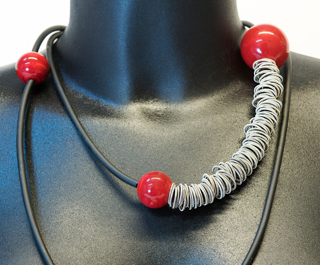 Glass necklace with blown pearls and metal rings. Glass bubbles transparent beads. Statement necklace - Murano glass