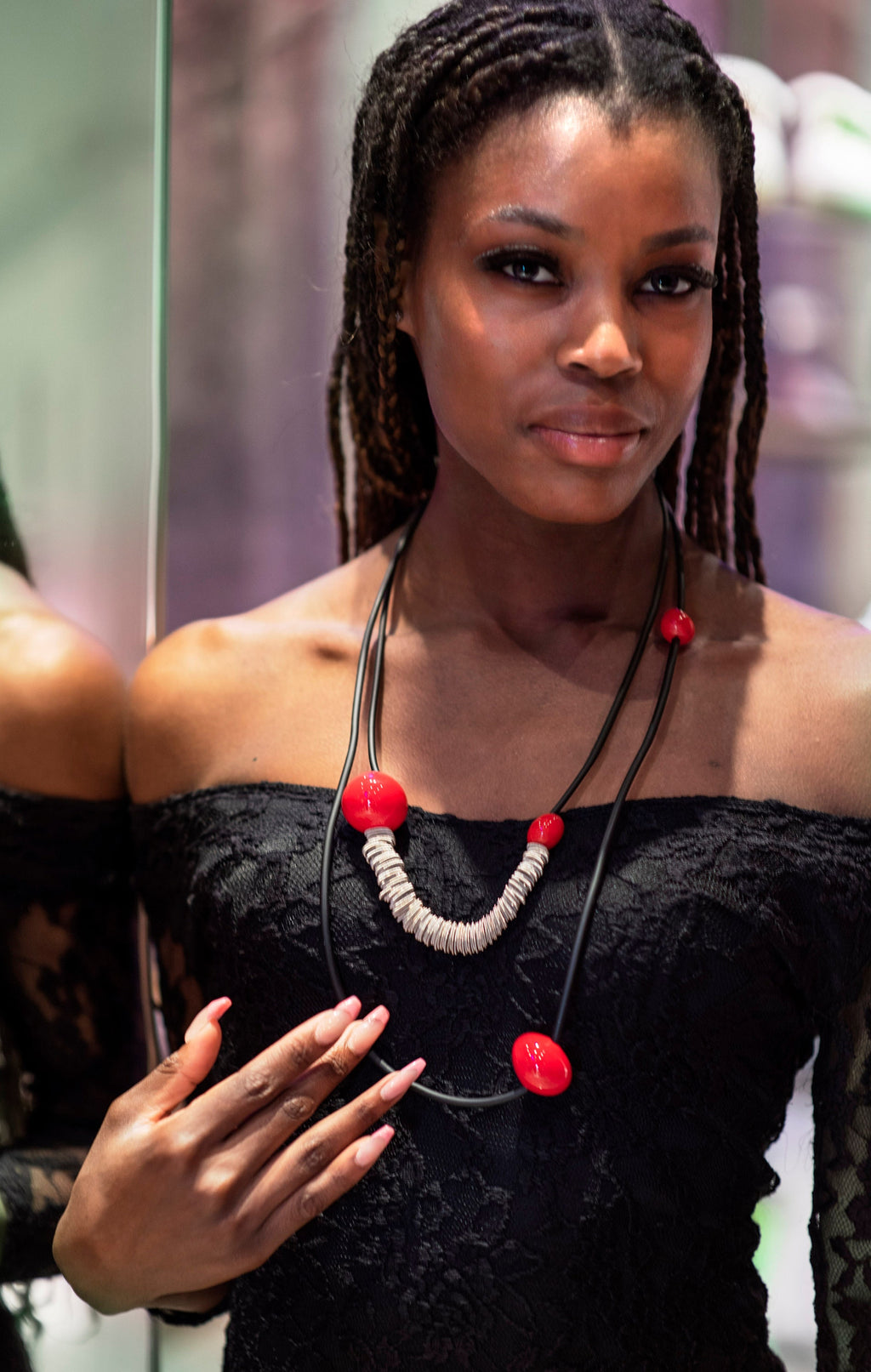 Glass necklace with blown pearls and metal rings. Glass bubbles transparent beads. Statement necklace - Murano glass