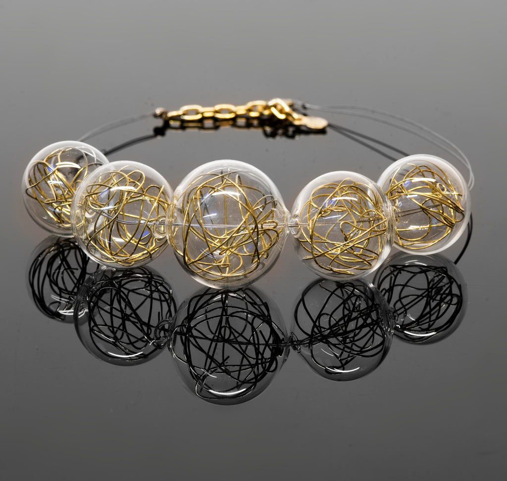 Necklace with gold/metal wire inside in blown glass - Glass bubbles - Spheres - Statement necklace - Geometric Phone essential to ship.