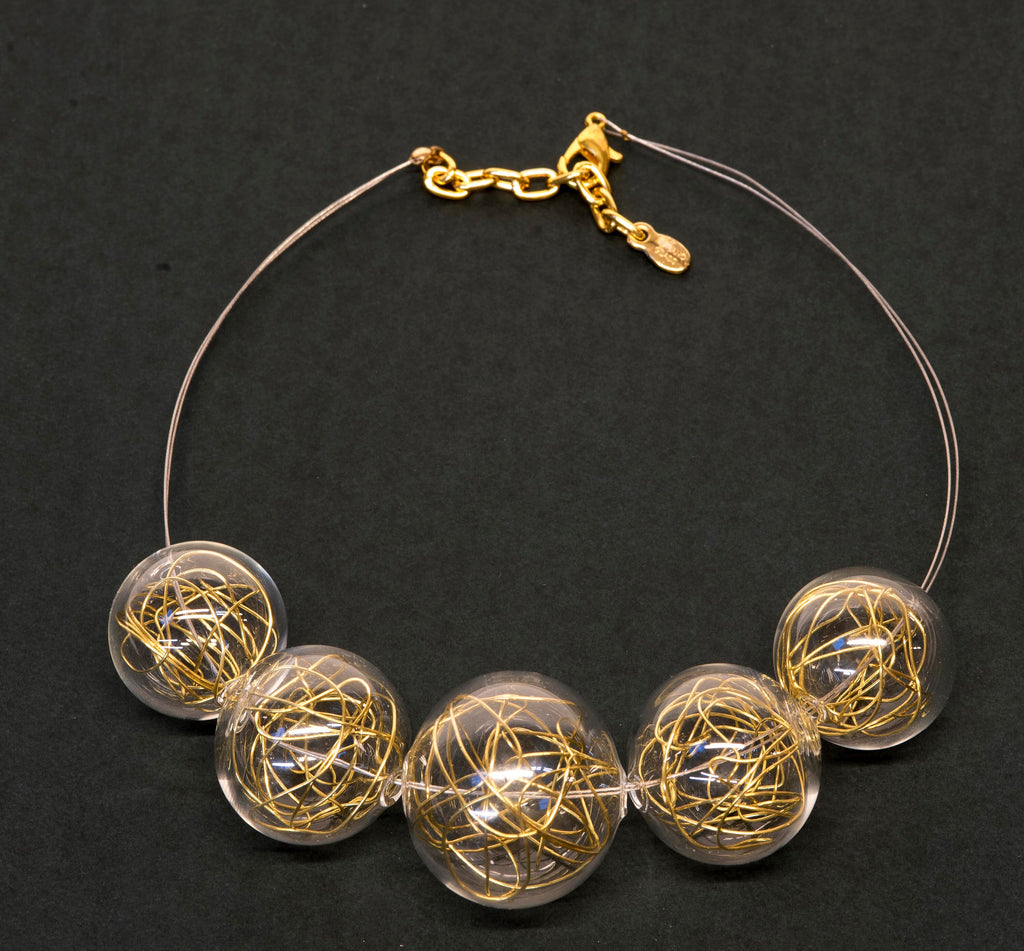 Necklace with gold/metal wire inside in blown glass - Glass bubbles - Spheres - Statement necklace - Geometric Phone essential to ship.