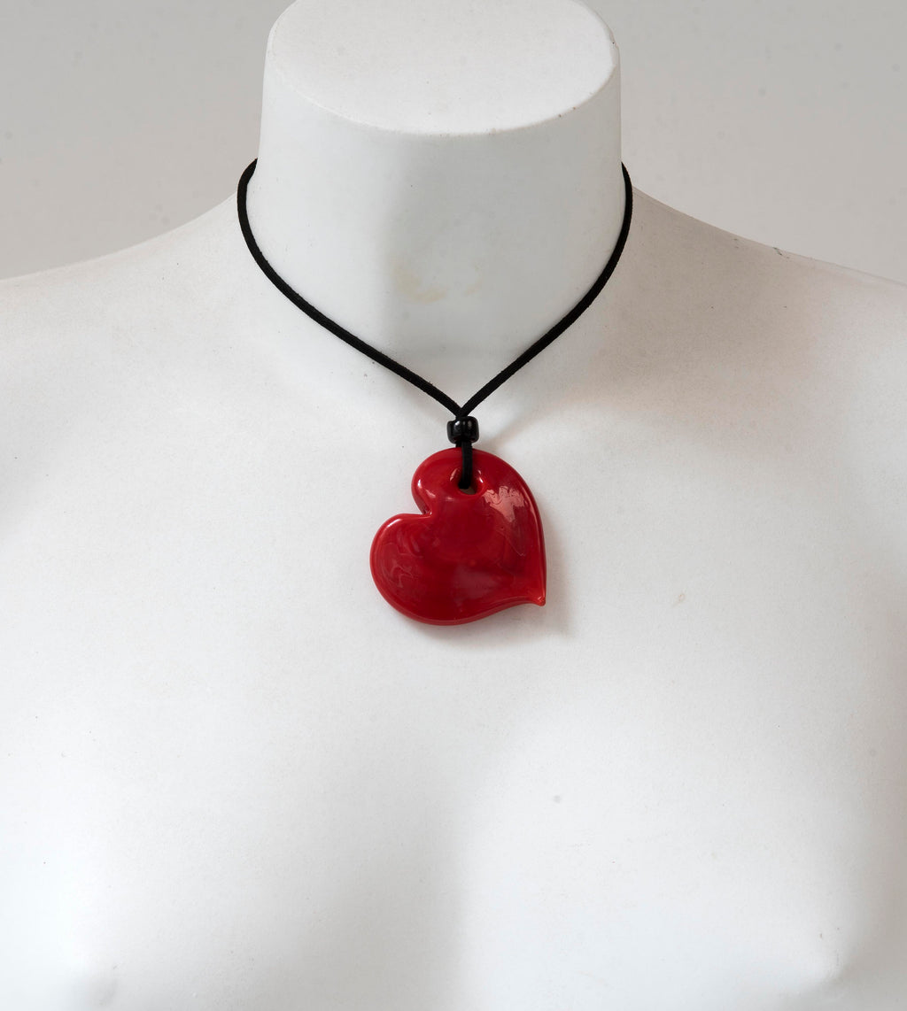 Heart Murano glass pendent - love gift for lady and girl -Red glass pendant, alcantara lace, Murano glass jewelry, summer fashion, gift.