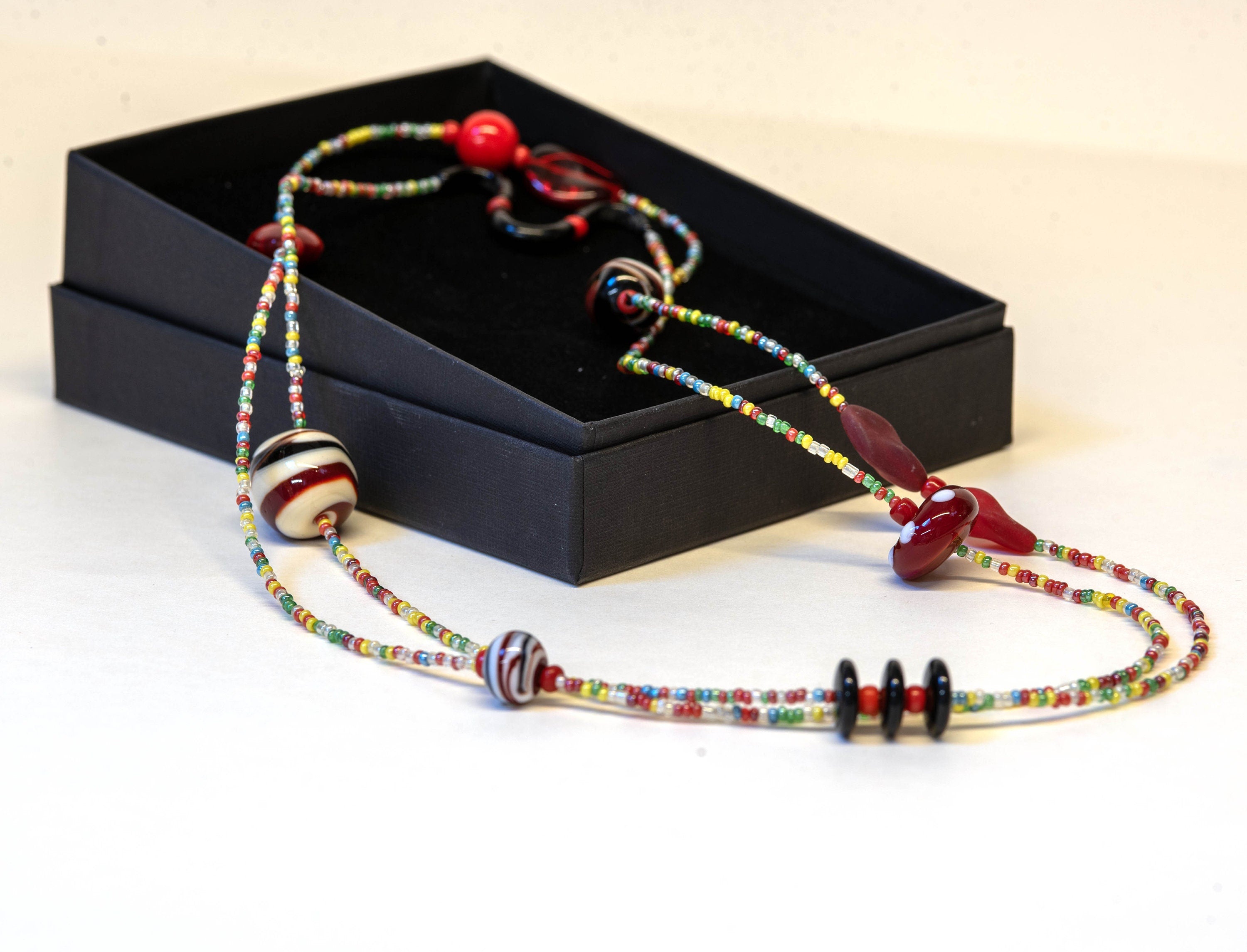 Murano glass necklace, glass necklace, Murano jewelry, Made in Italy, Cesare Sent original sandblasted beads crafts lampwork long necklace