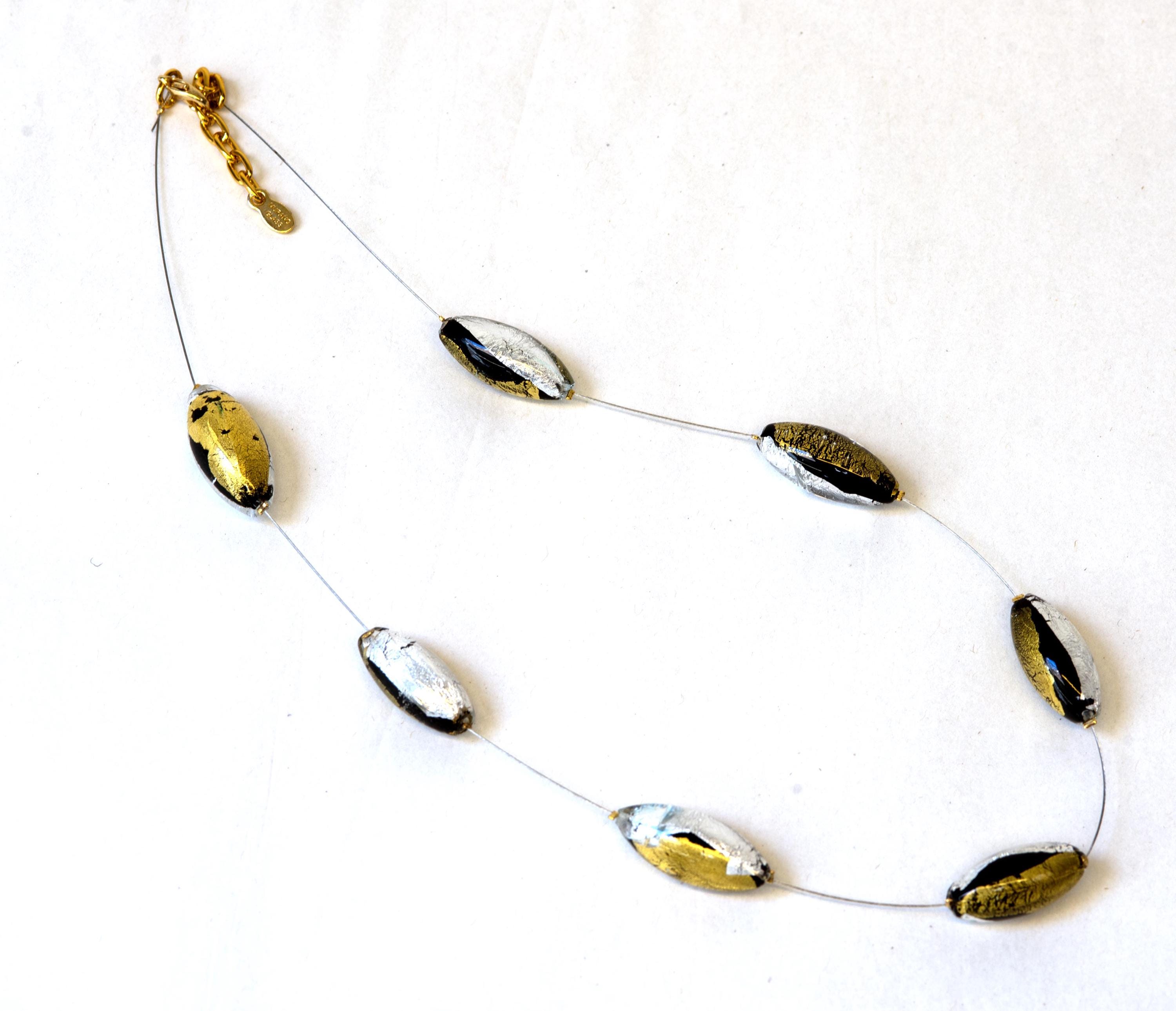 Glass necklace necklace handmade in Murano with gold and silver leaf 24 Kt elegant refined lampworking fashion jewelery statement necklace