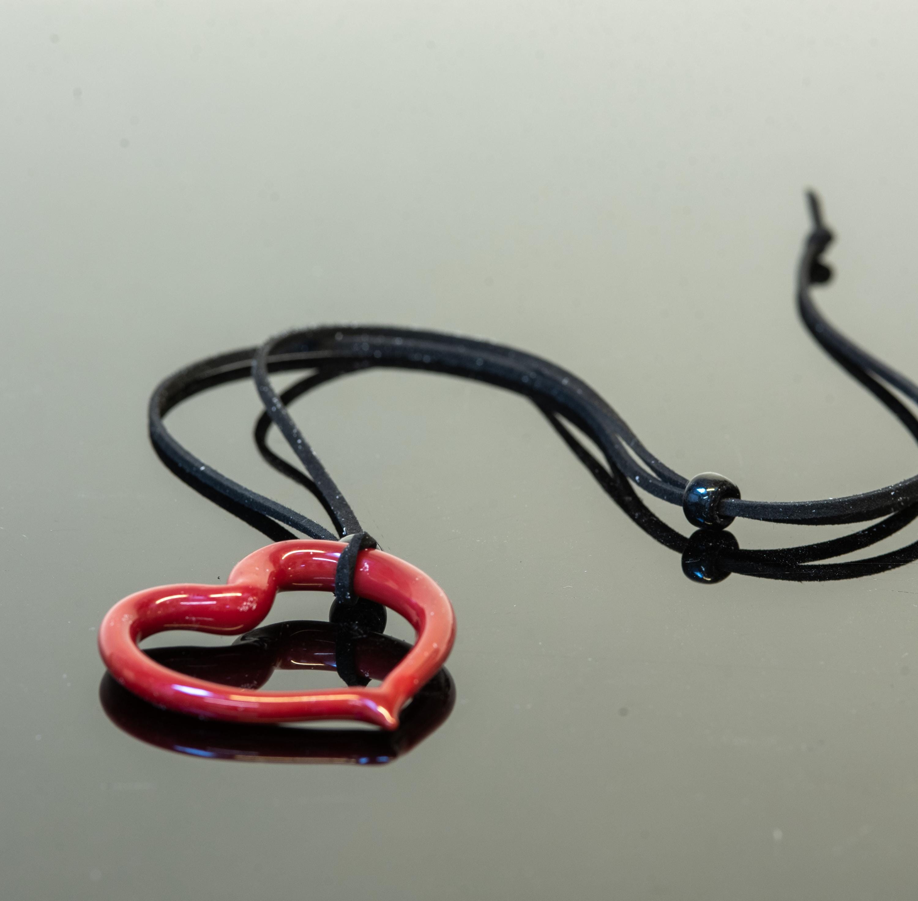 Red Murano Glass Heart Necklace - Alcantara Cord, Handmade Jewelry