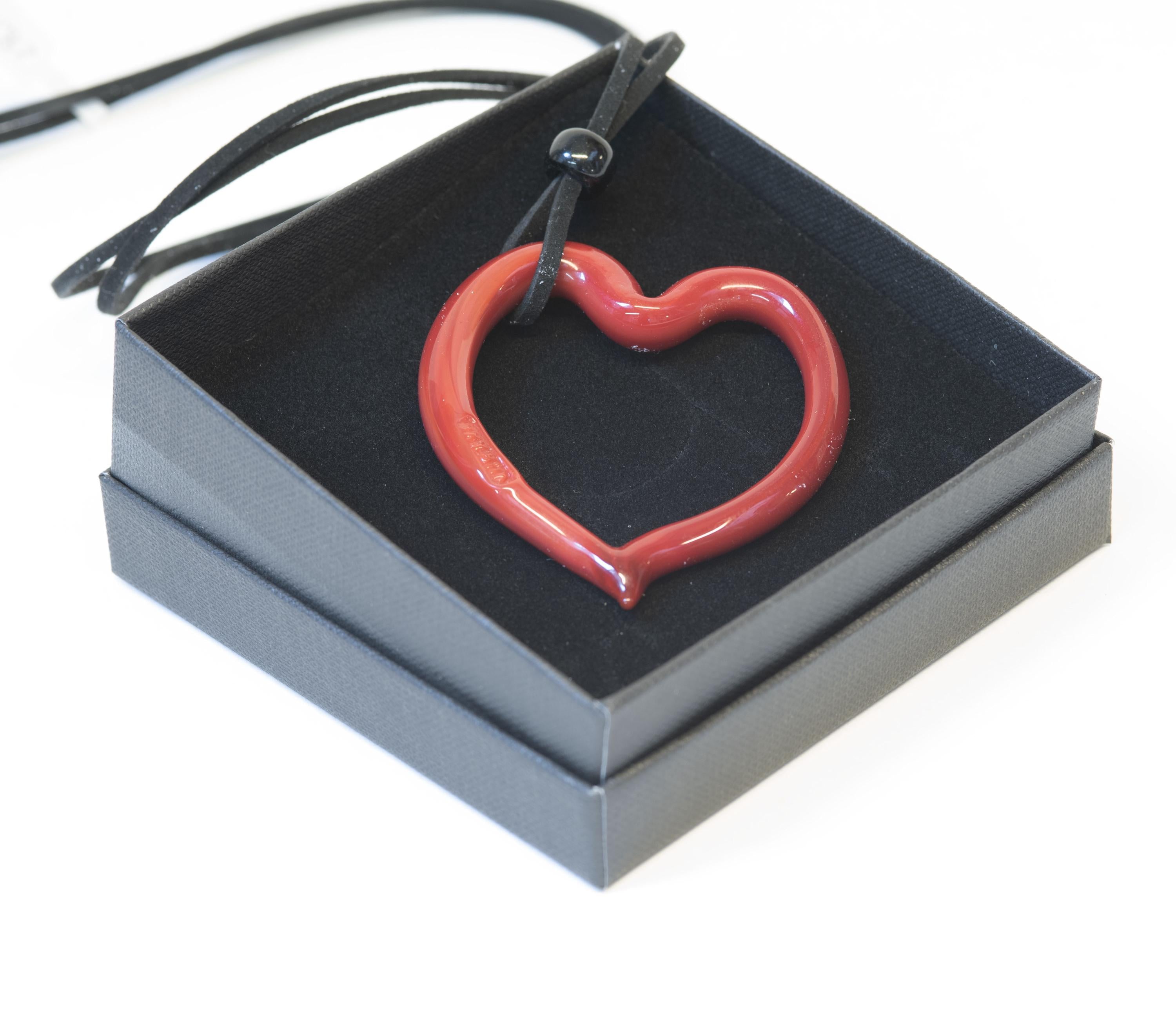 Red Murano Glass Heart Necklace - Alcantara Cord, Handmade Jewelry