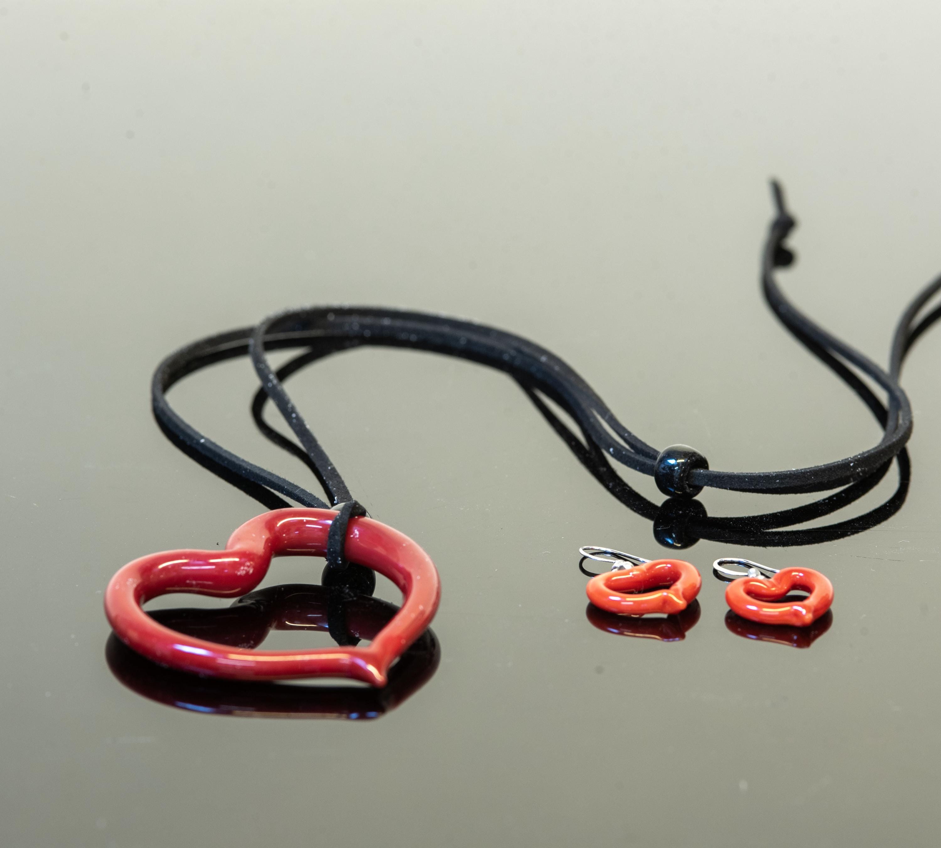 Red Murano Glass Heart Necklace - Alcantara Cord, Handmade Jewelry