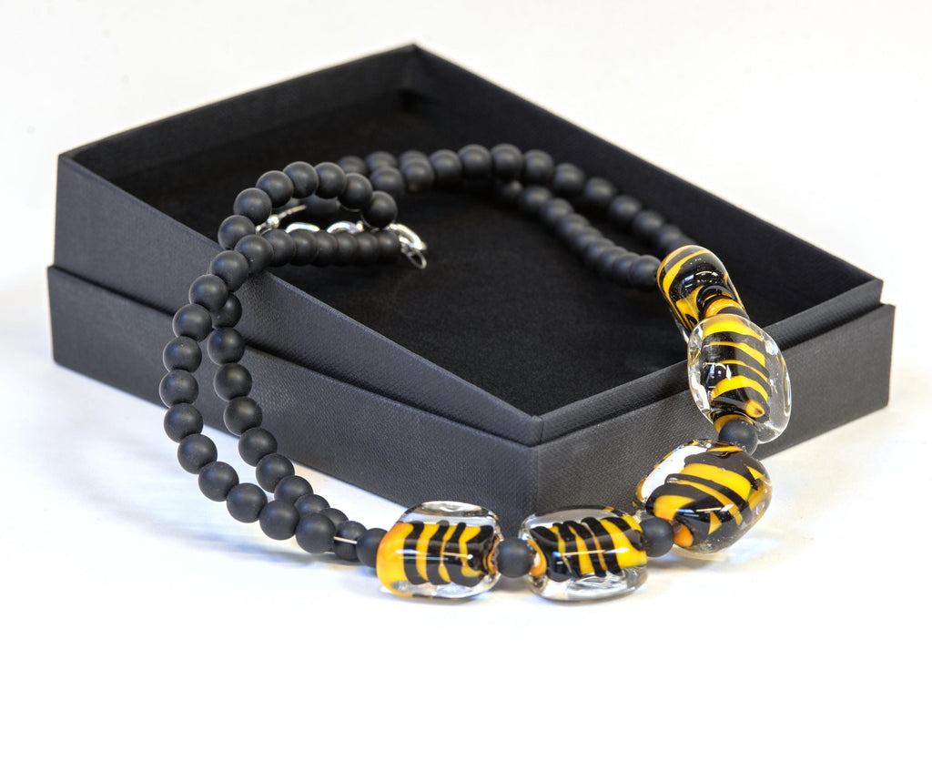 Handmade Murano Glass Necklace, Black & Yellow Spiral, Italian Jewelry