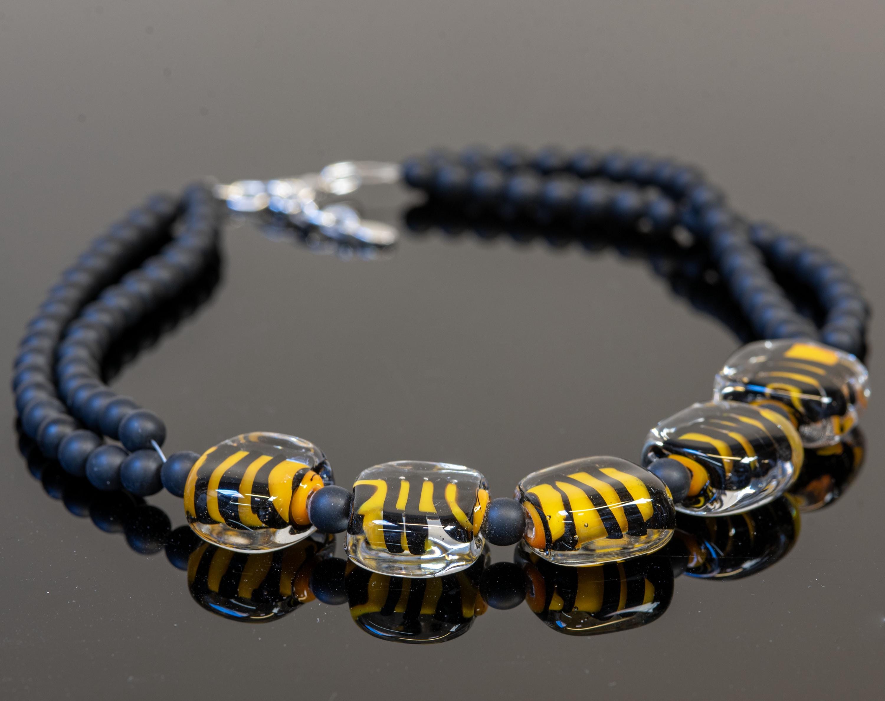 Handmade Murano Glass Necklace, Black & Yellow Spiral, Italian Jewelry