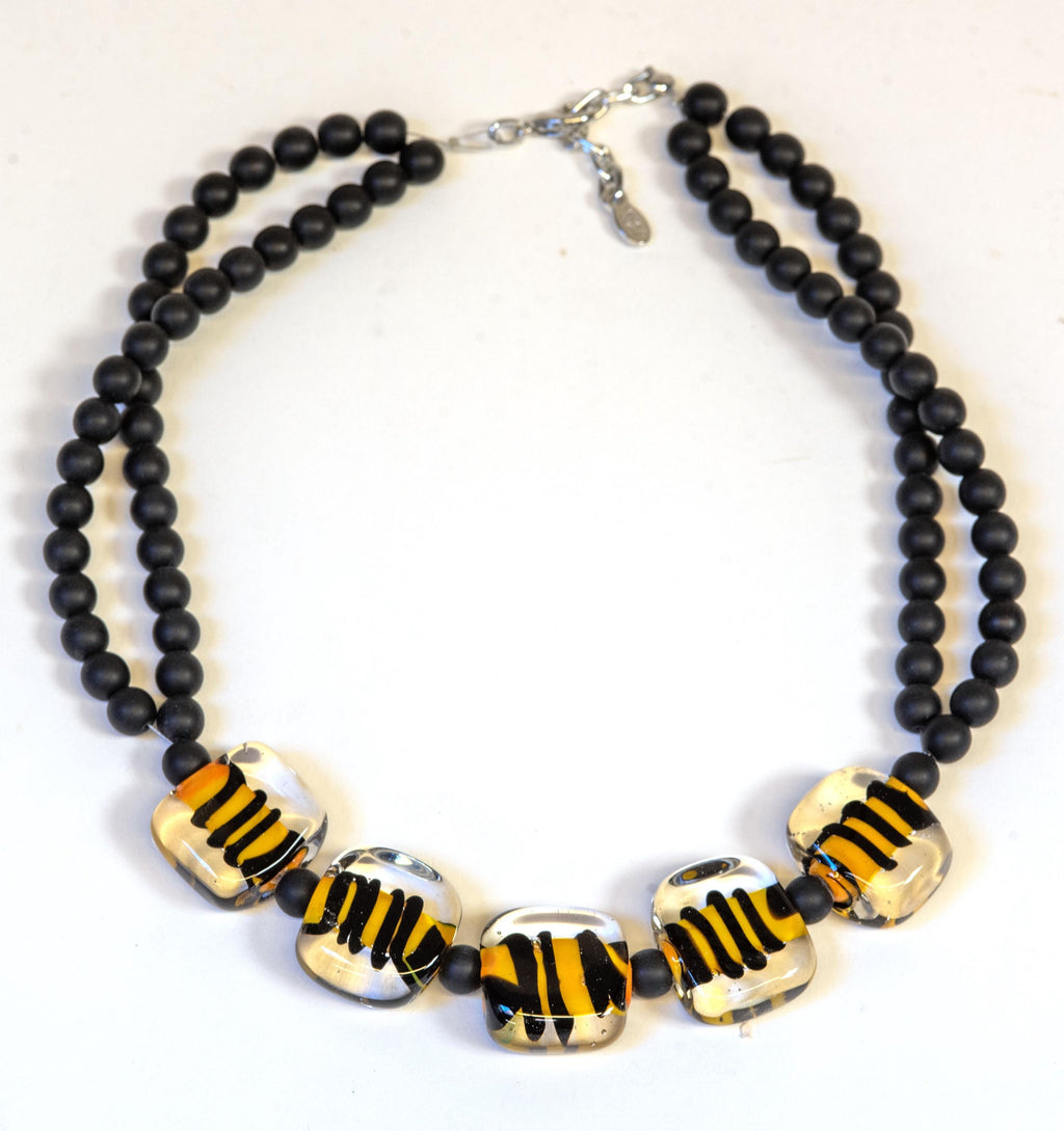 Handmade Murano Glass Necklace, Black & Yellow Spiral, Italian Jewelry