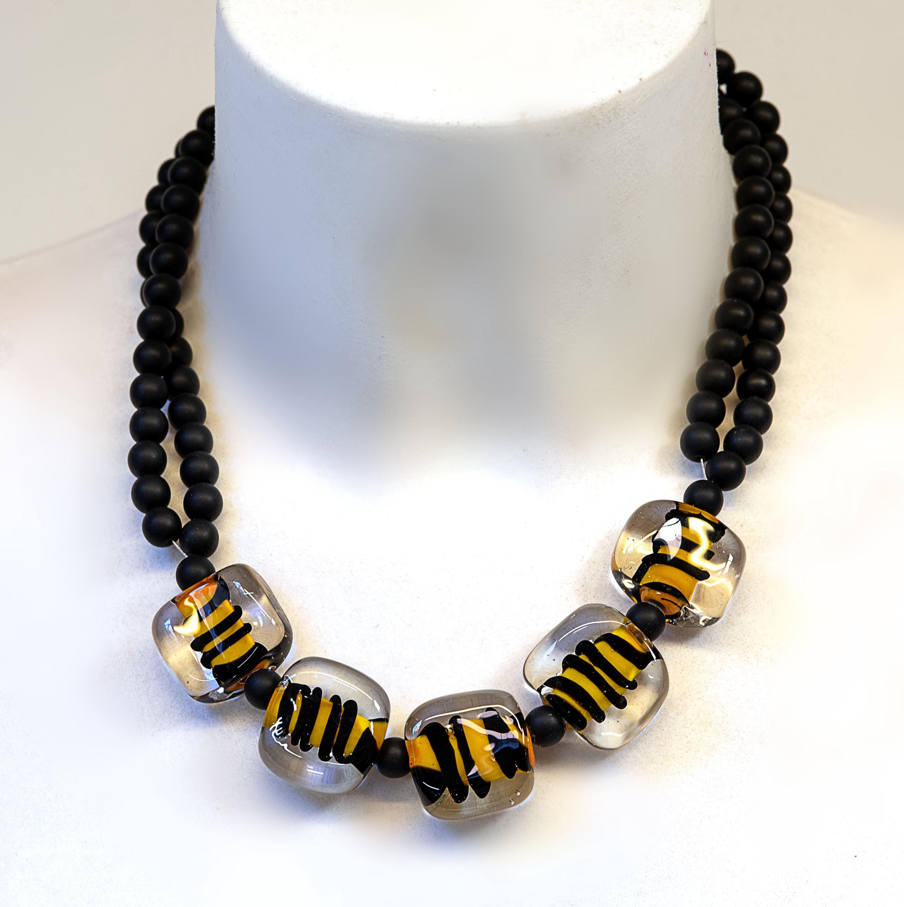 Handmade Murano Glass Necklace, Black & Yellow Spiral, Italian Jewelry