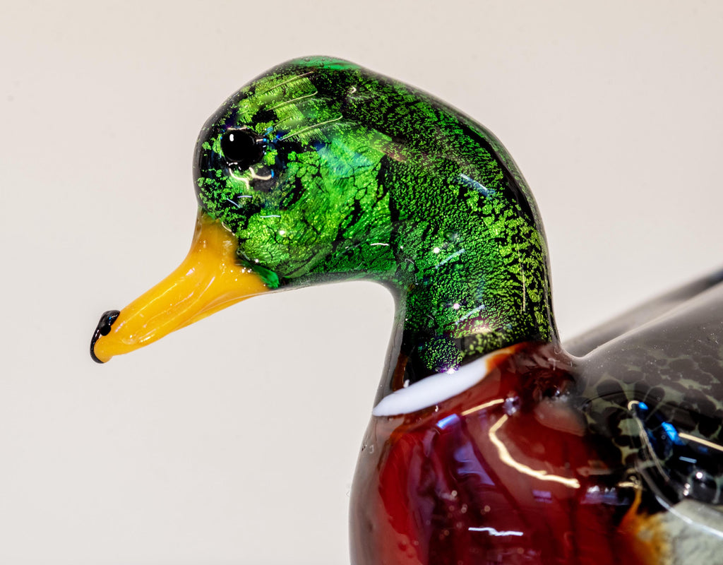 Murano Glass Duck Sculpture, Hand-Blown, Gold & Silver Leaf, 7 Inch