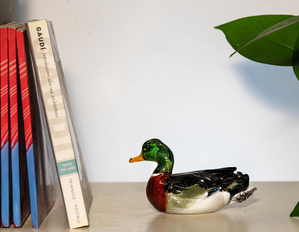 Murano Glass Duck Sculpture, Hand-Blown, Gold & Silver Leaf, 7 Inch