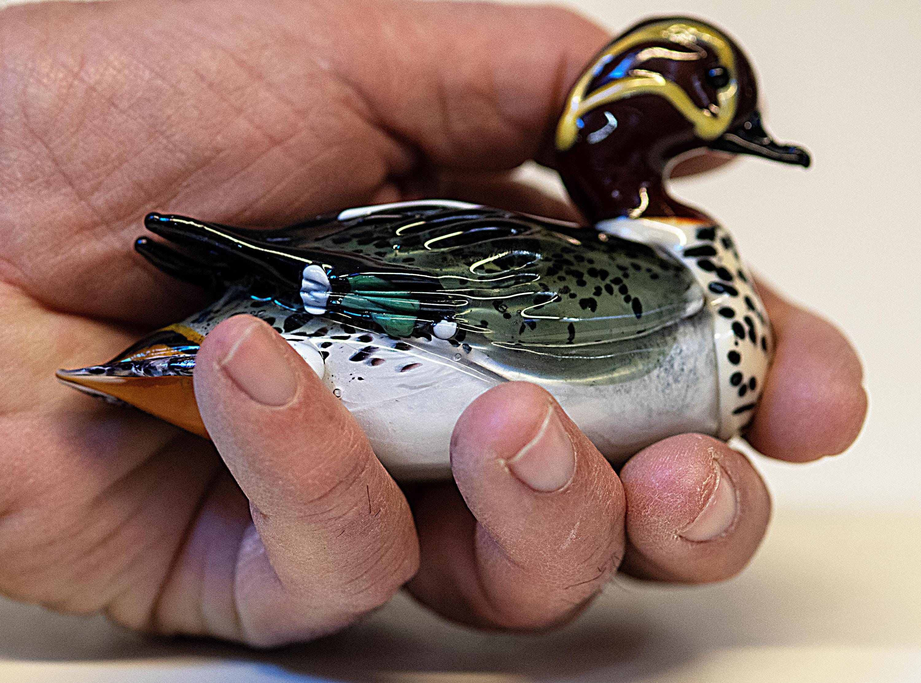 Hand Blown Murano Glass Duck Figurine, 24K Gold & Silver Leaf