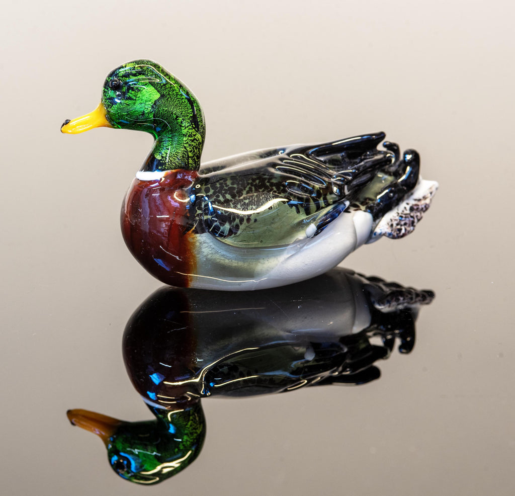 Murano Glass Duck Sculpture, Hand-Blown, Gold & Silver Leaf, 7 Inch