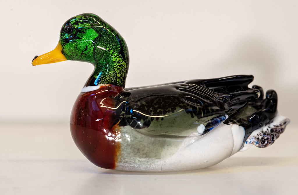 Murano Glass Duck Sculpture, Hand-Blown, Gold & Silver Leaf, 7 Inch