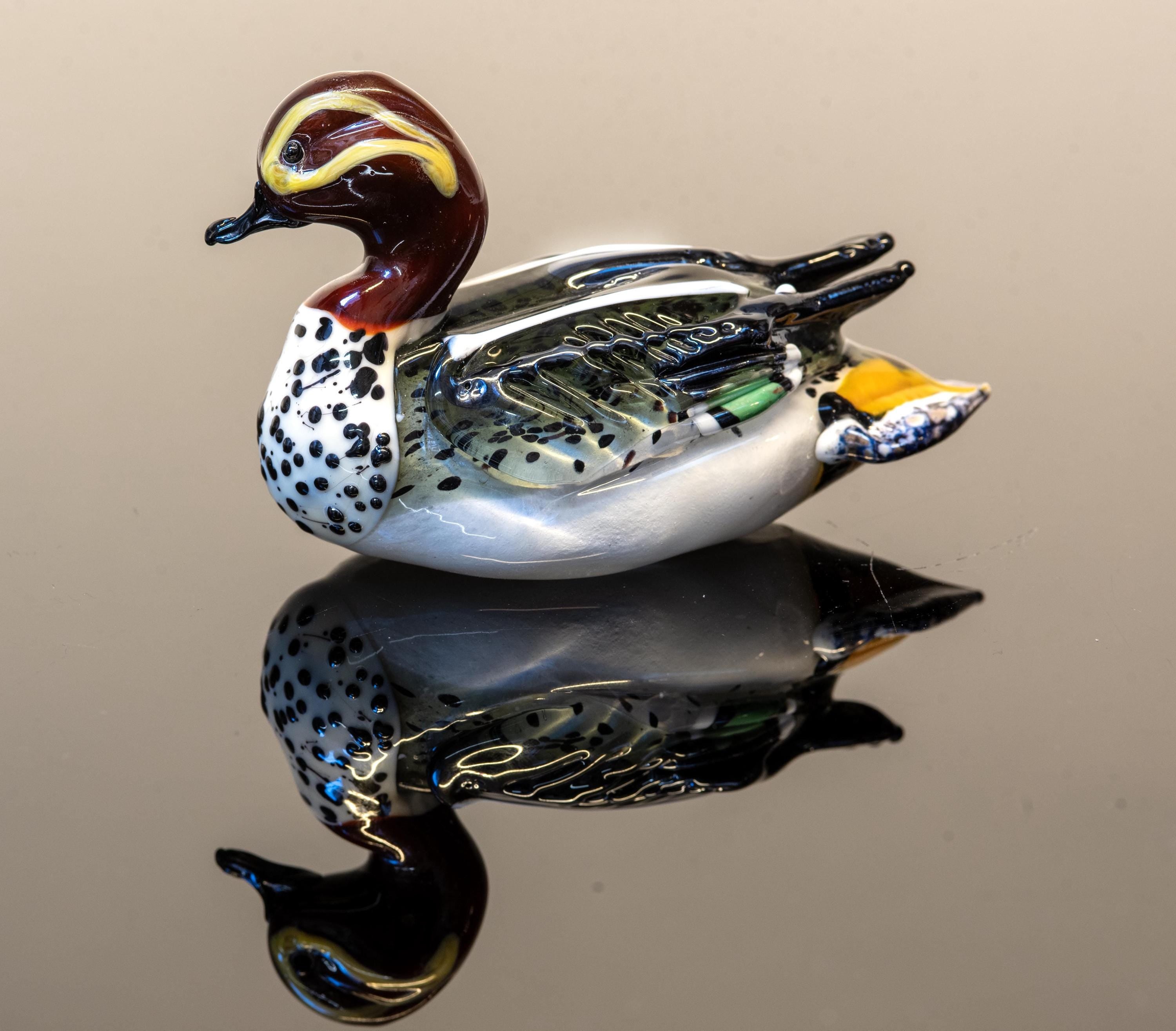 Hand Blown Murano Glass Duck Figurine, 24K Gold & Silver Leaf