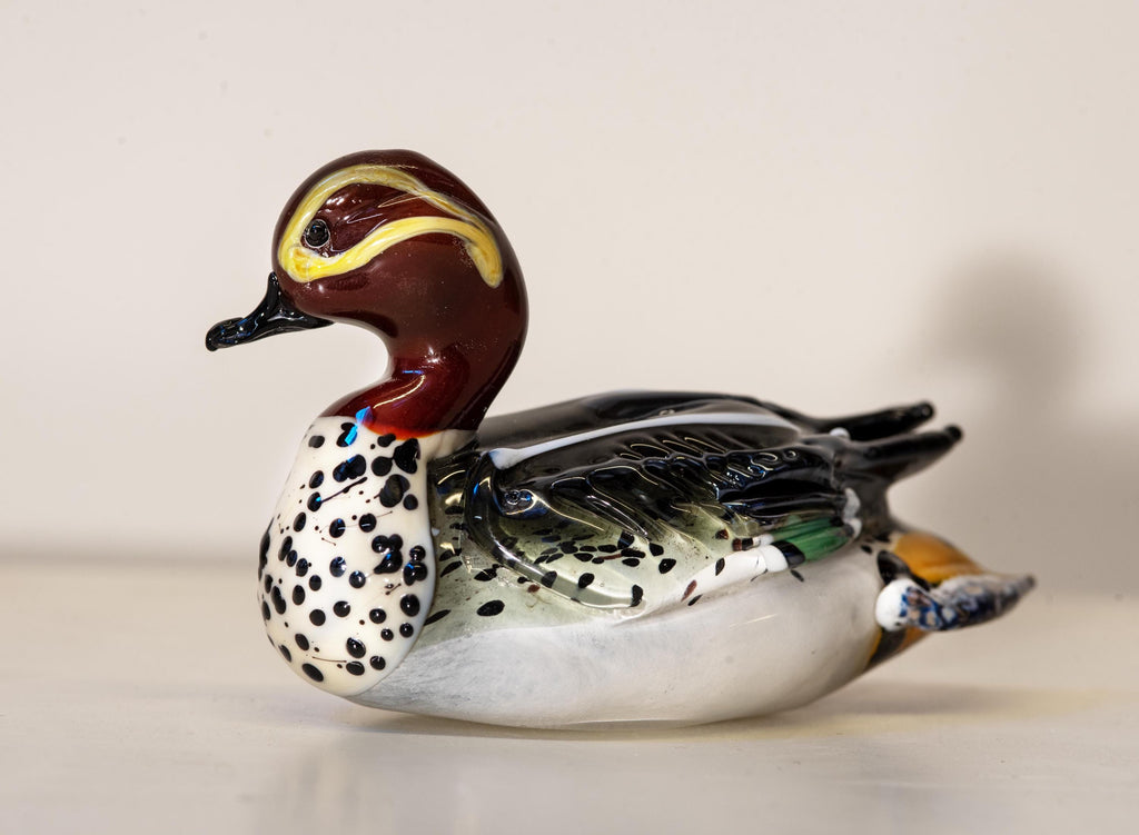 Hand Blown Murano Glass Duck Figurine, 24K Gold & Silver Leaf