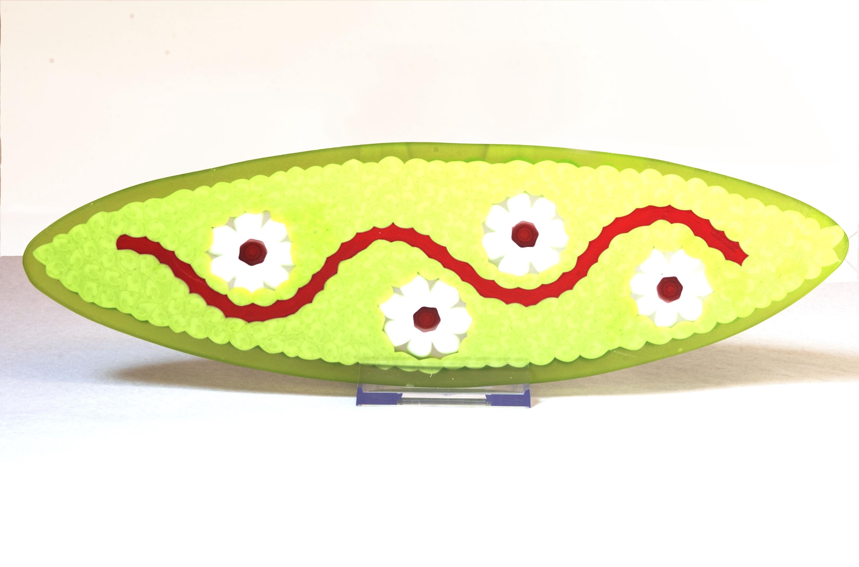 Murano Glass Plate: Green Oval with White Murrina Flowers