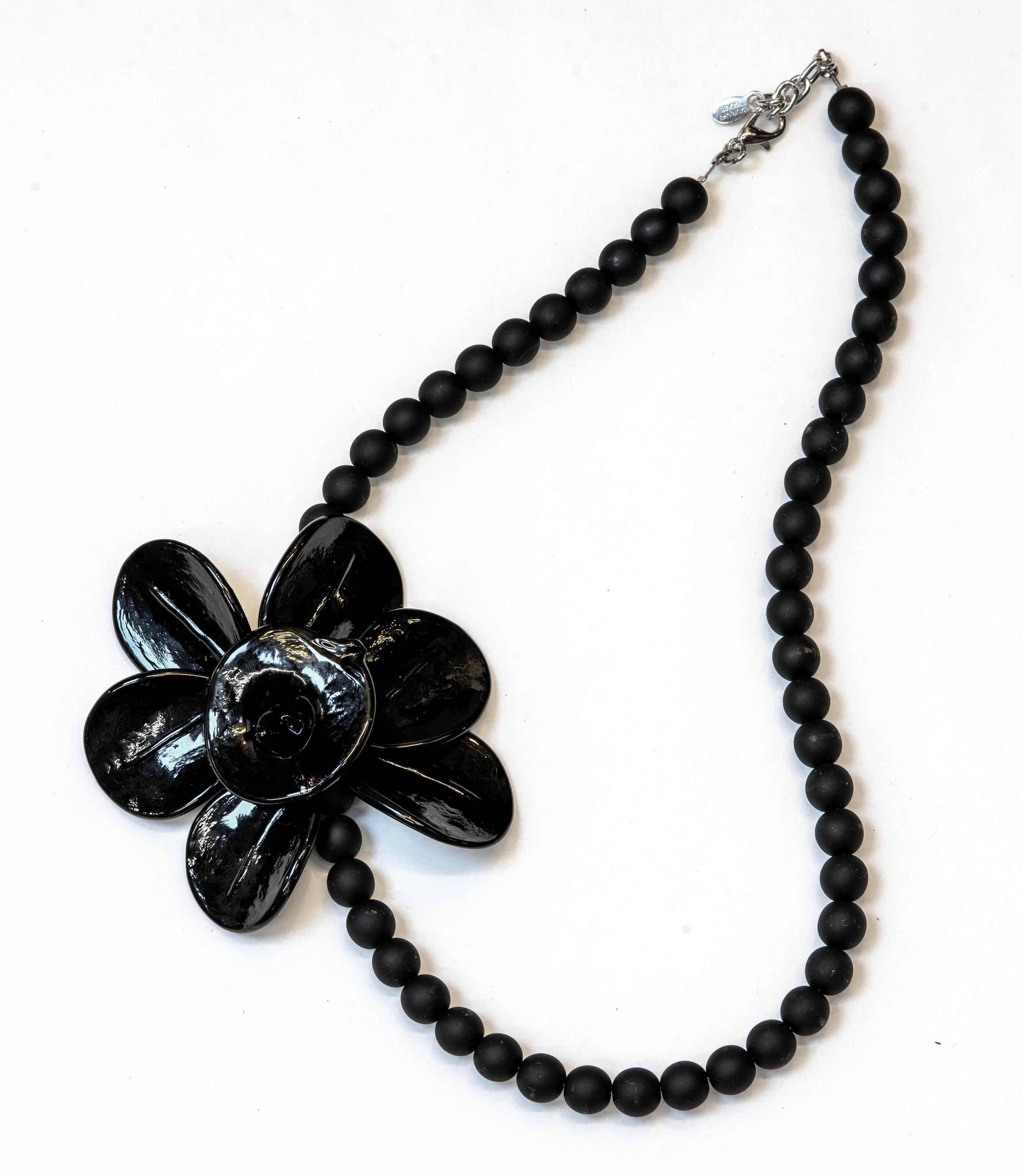 Murano Glass Necklace | Black Matte Beads & Glossy Flower Pendant | Venetian Handmade Jewelry | Elegant Gift