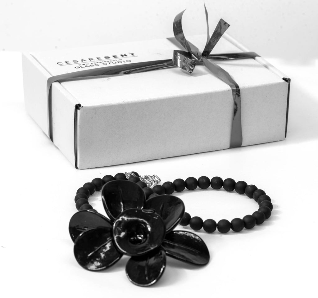 Murano Glass Necklace | Black Matte Beads & Glossy Flower Pendant | Venetian Handmade Jewelry | Elegant Gift