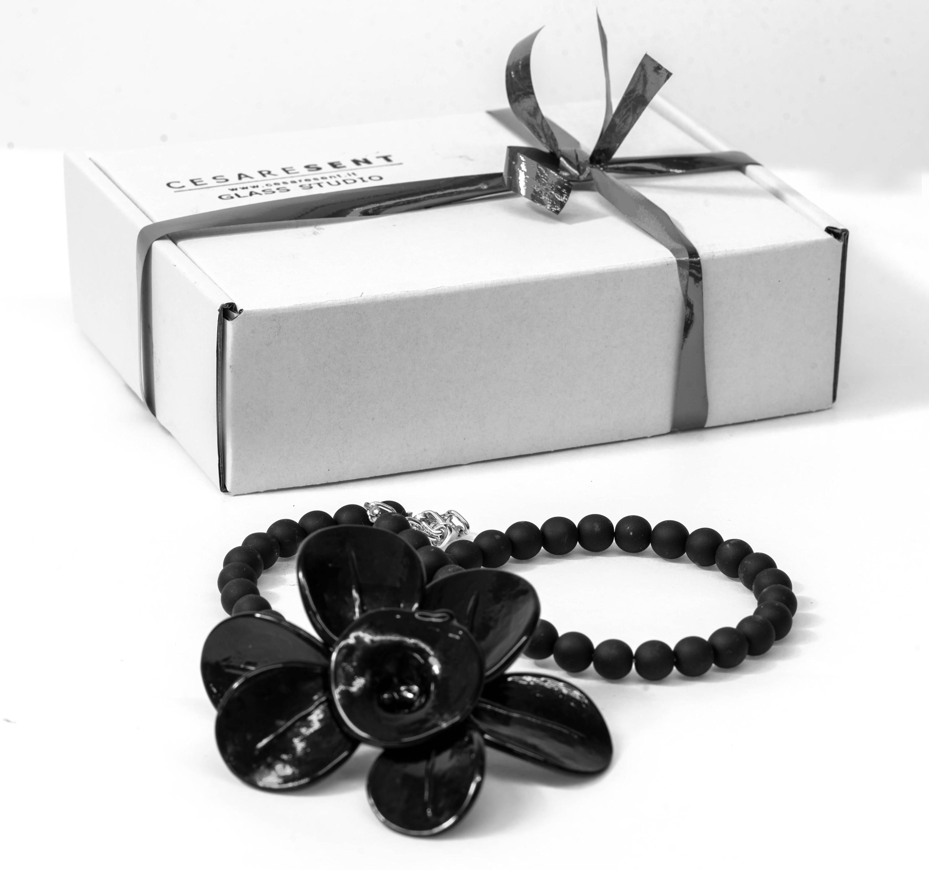 Murano Glass Necklace | Black Matte Beads & Glossy Flower Pendant | Venetian Handmade Jewelry | Elegant Gift
