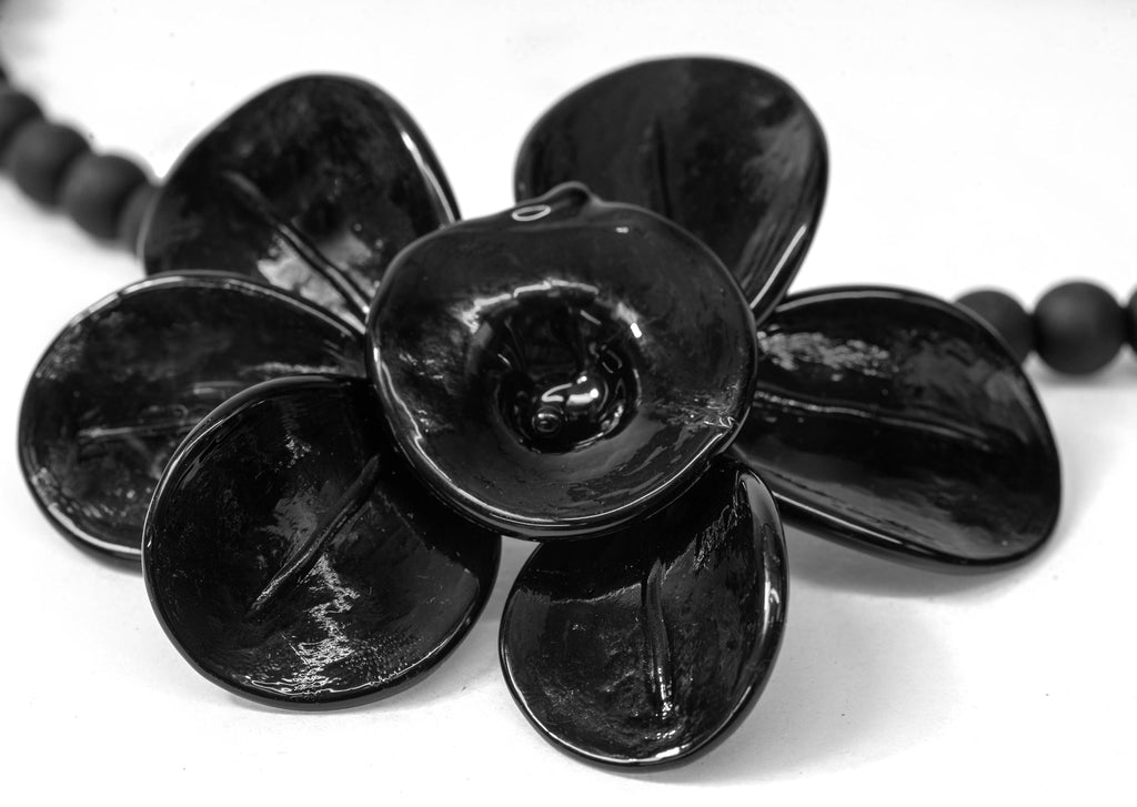 Murano Glass Necklace | Black Matte Beads & Glossy Flower Pendant | Venetian Handmade Jewelry | Elegant Gift