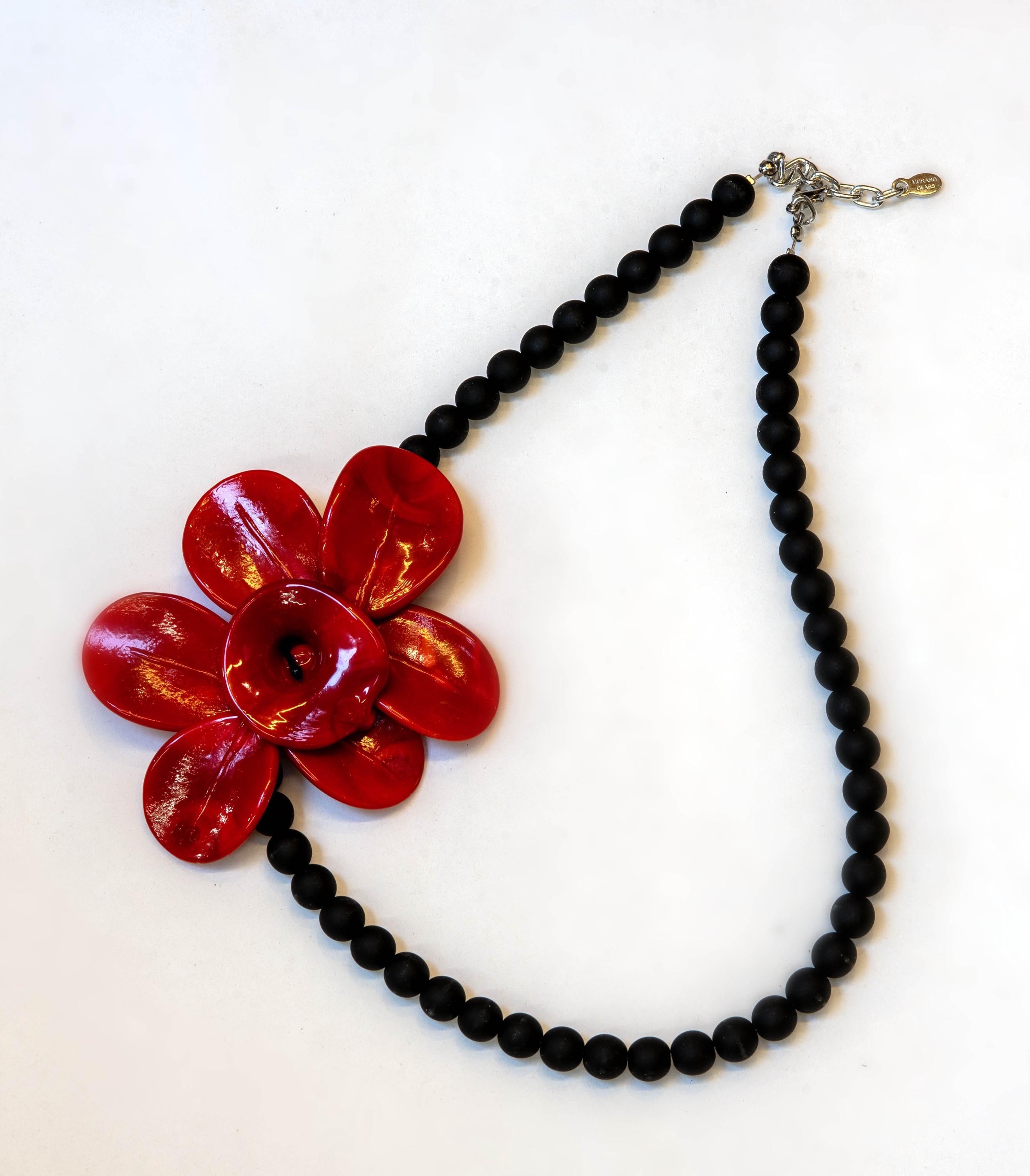 Murano Glass Necklace | Black Matte Beads & red Flower Pendant | Venetian Handmade Jewelry | Elegant Gift