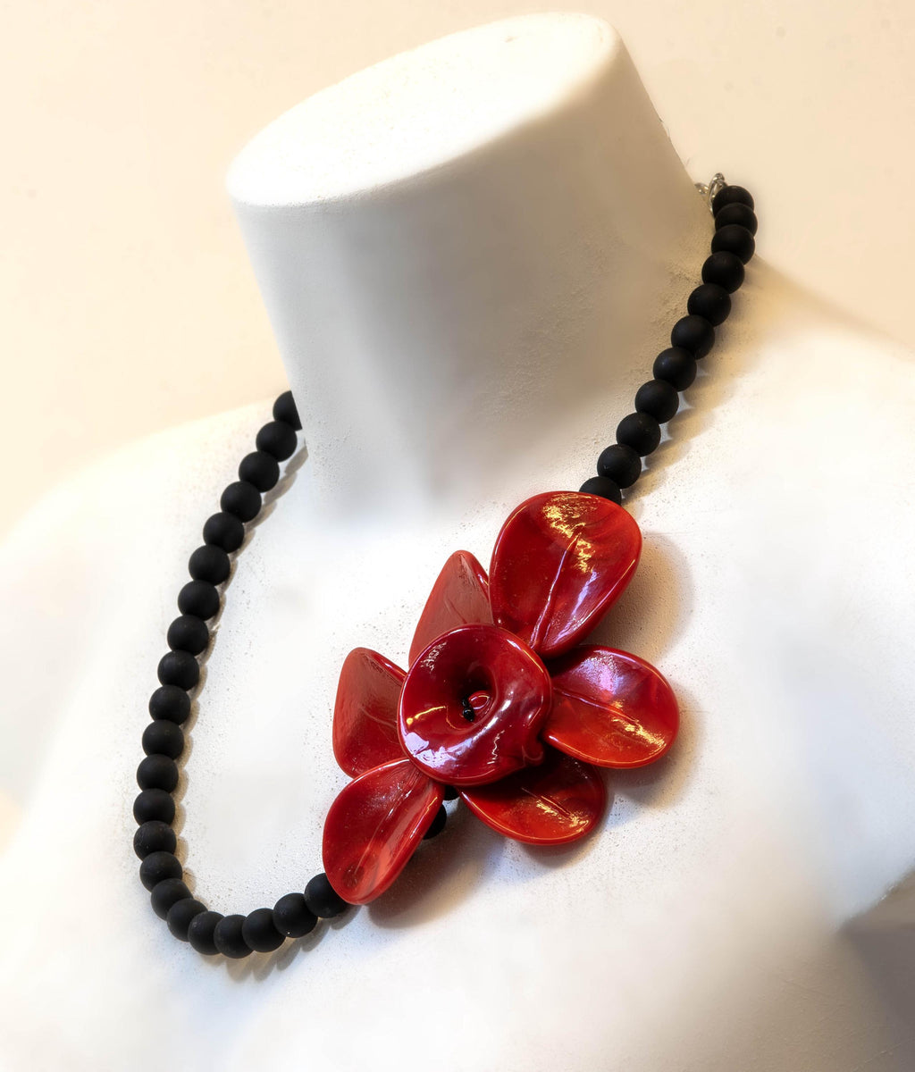 Murano Glass Necklace | Black Matte Beads & red Flower Pendant | Venetian Handmade Jewelry | Elegant Gift