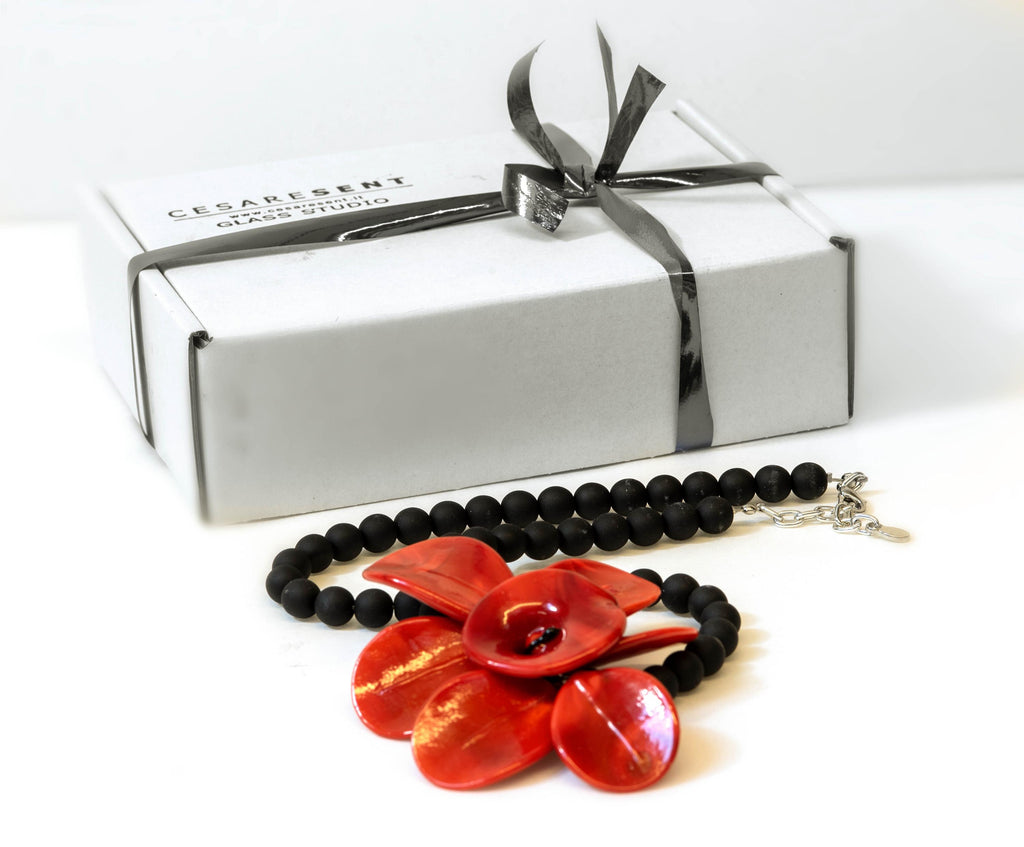 Murano Glass Necklace | Black Matte Beads & red Flower Pendant | Venetian Handmade Jewelry | Elegant Gift