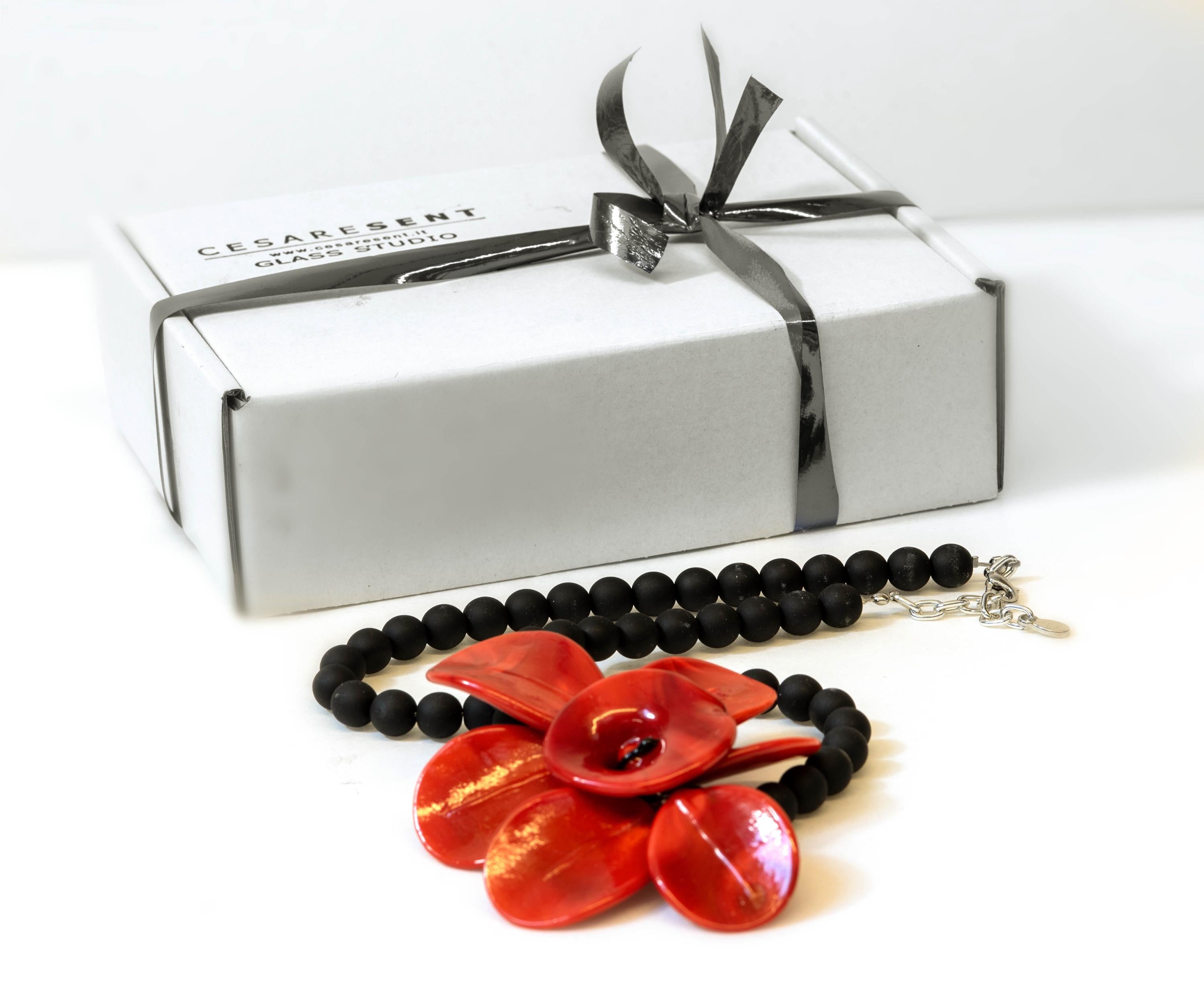 Murano Glass Necklace | Black Matte Beads & red Flower Pendant | Venetian Handmade Jewelry | Elegant Gift