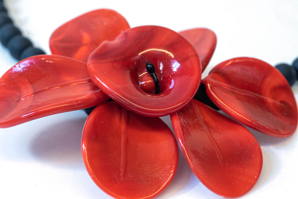 Murano Glass Necklace | Black Matte Beads & red Flower Pendant | Venetian Handmade Jewelry | Elegant Gift