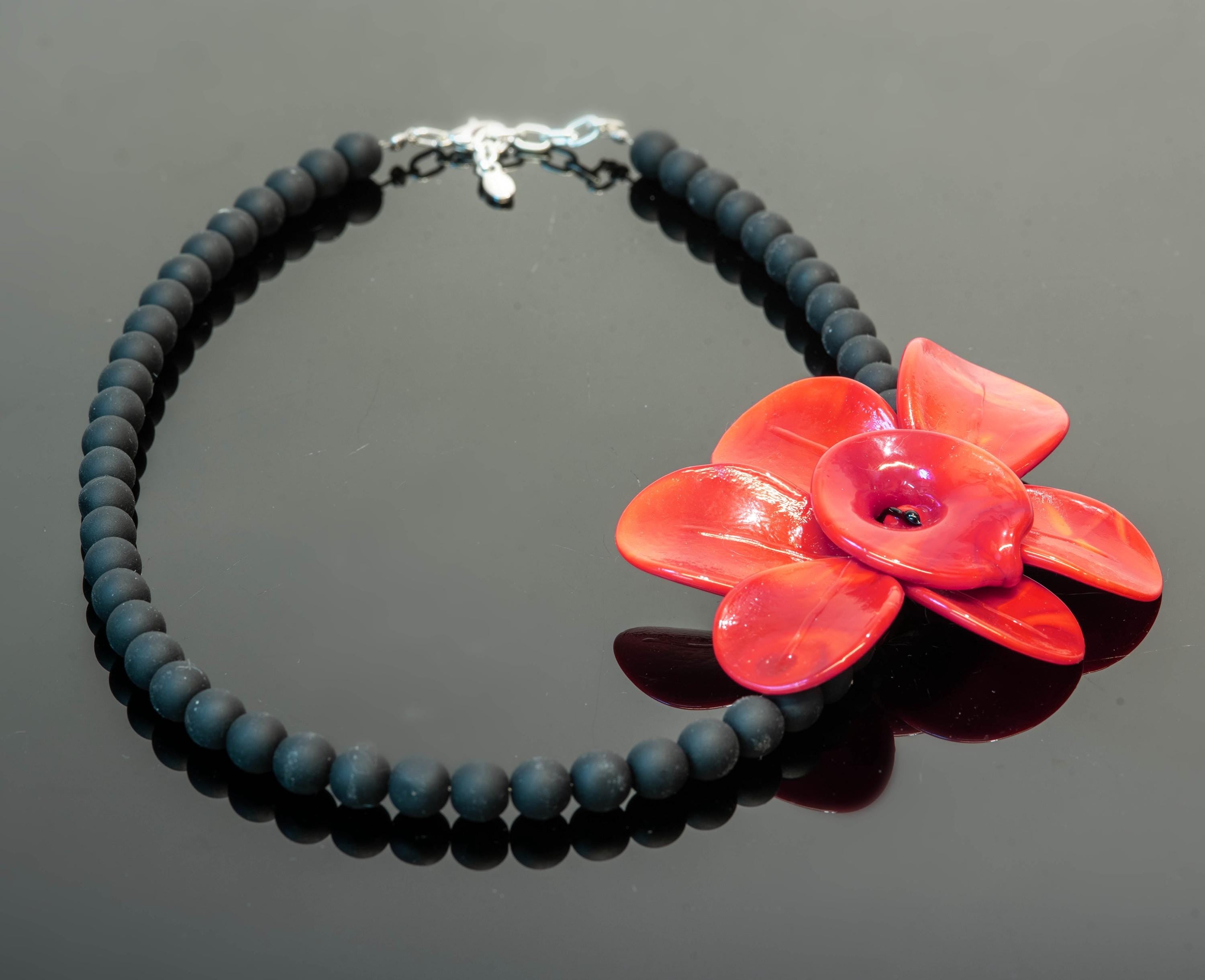 Murano Glass Necklace | Black Matte Beads & red Flower Pendant | Venetian Handmade Jewelry | Elegant Gift