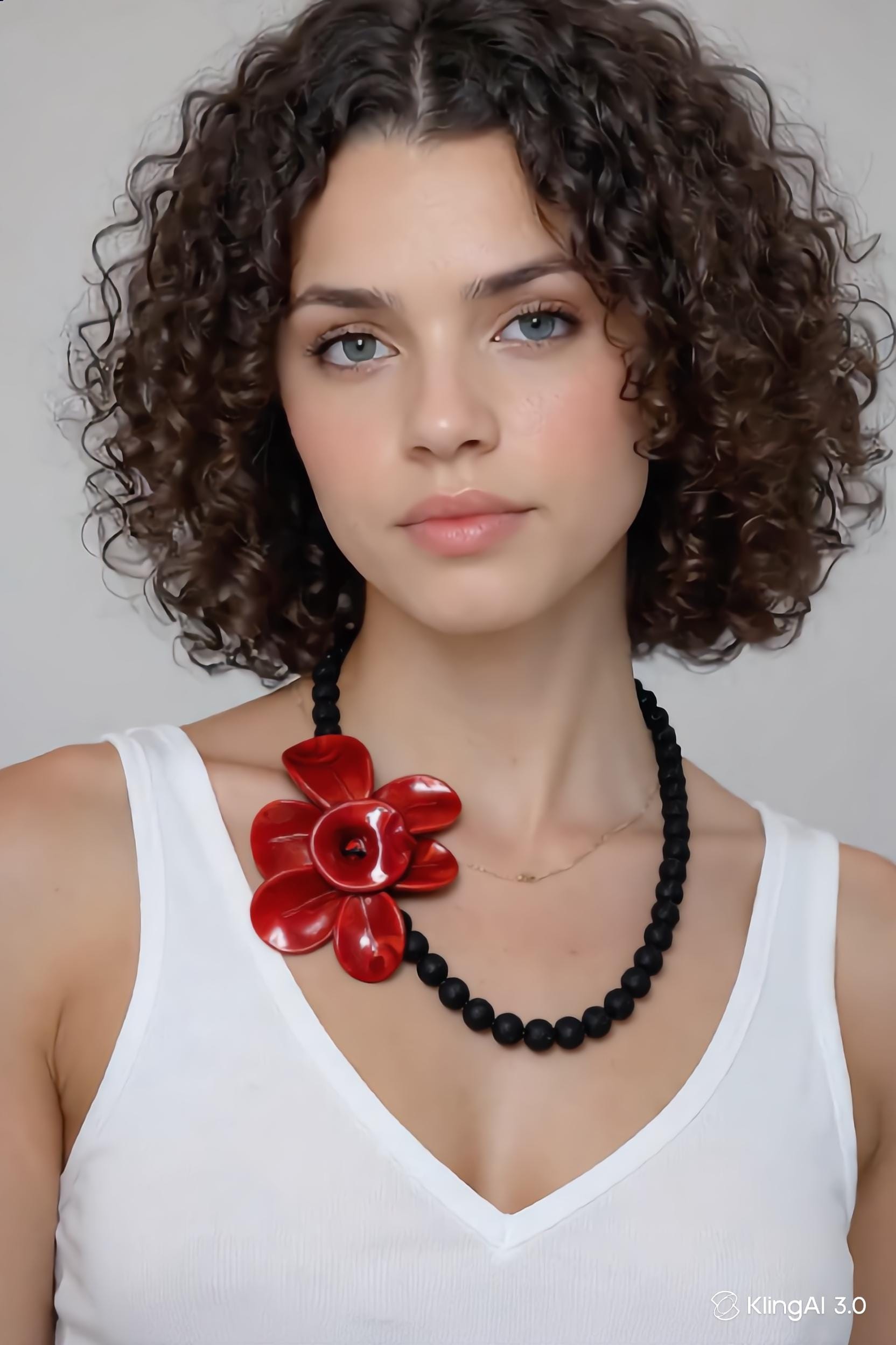 Murano Glass Necklace | Black Matte Beads & red Flower Pendant | Venetian Handmade Jewelry | Elegant Gift