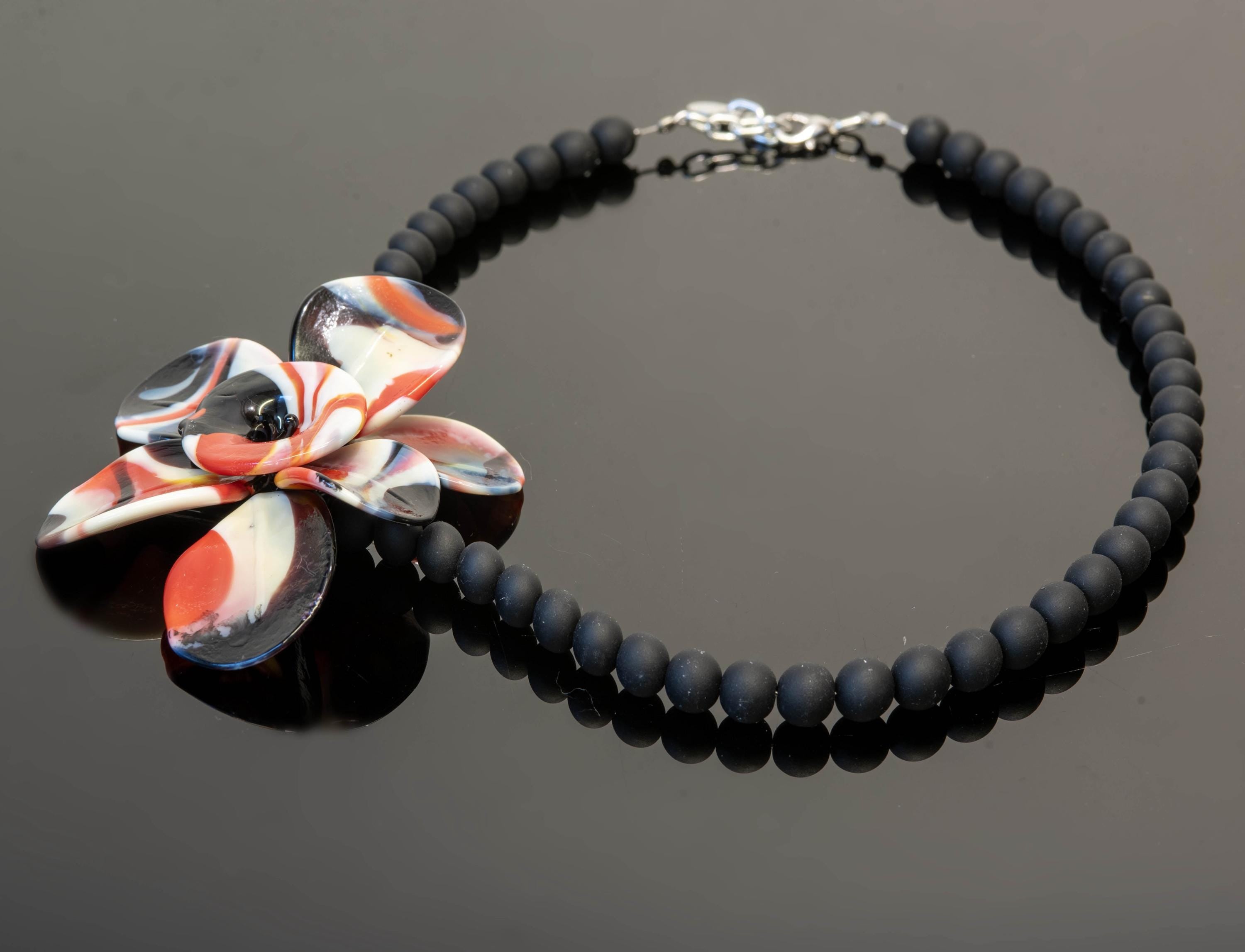 Murano Glass Necklace | Black Matte Beads & red Flower Pendant | Venetian Handmade Jewelry | Elegant Gift