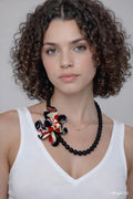 Murano Glass Necklace | Black Matte Beads & red Flower Pendant | Venetian Handmade Jewelry | Elegant Gift