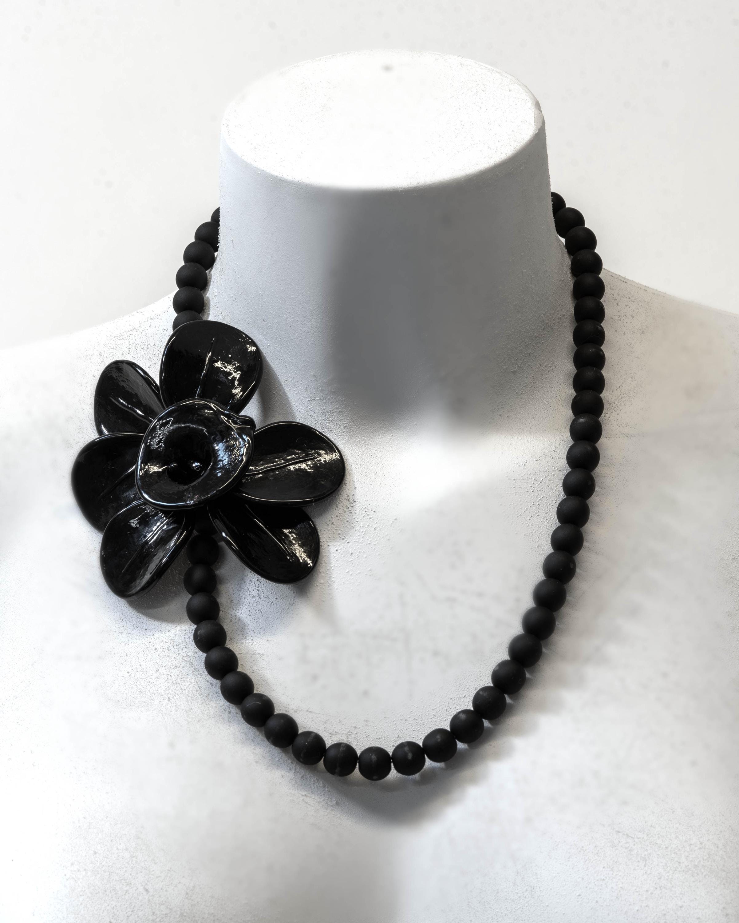 Murano Glass Necklace | Black Matte Beads & Glossy Flower Pendant | Venetian Handmade Jewelry | Elegant Gift