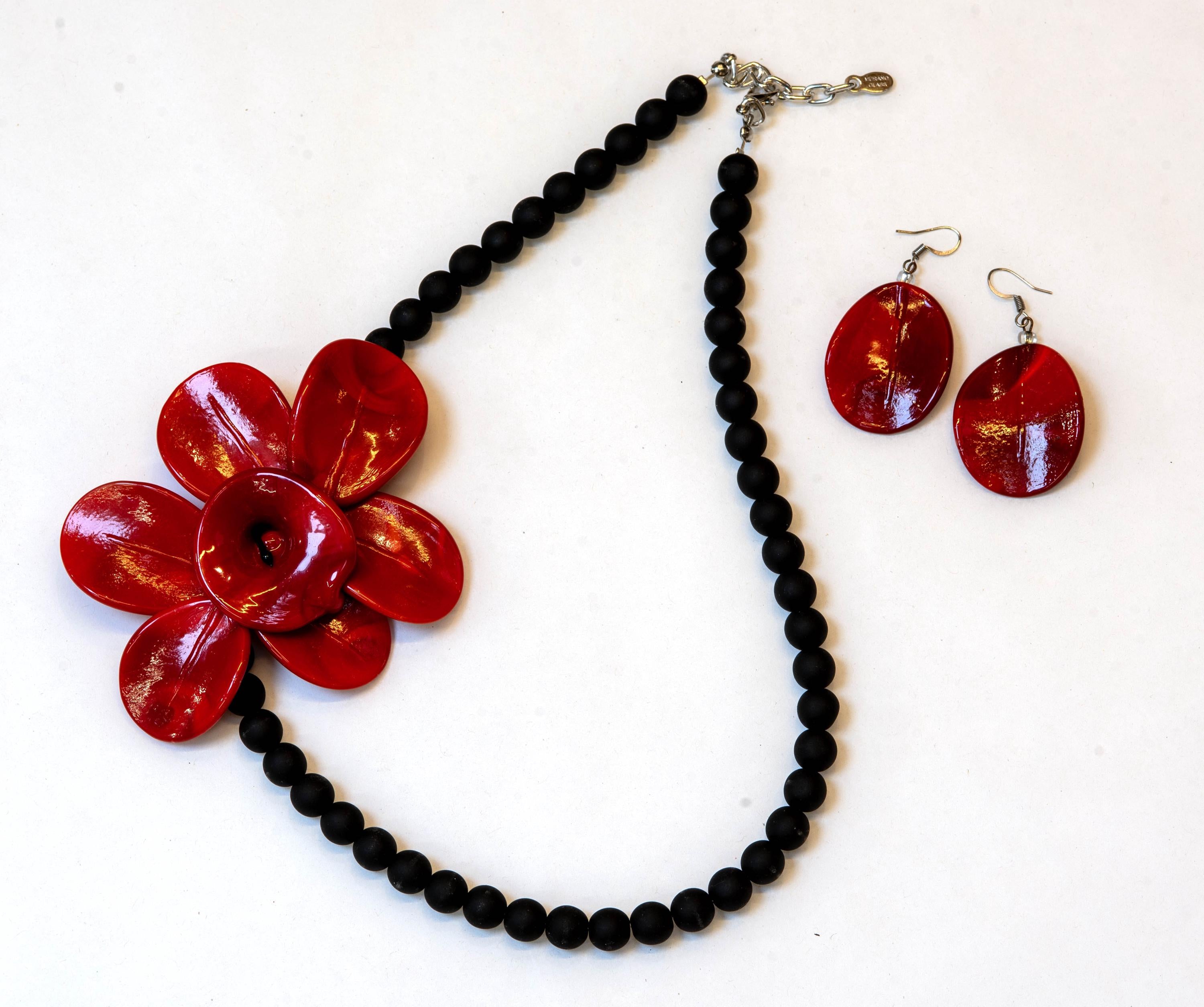 Murano Glass Necklace | Black Matte Beads & red Flower Pendant | Venetian Handmade Jewelry | Elegant Gift
