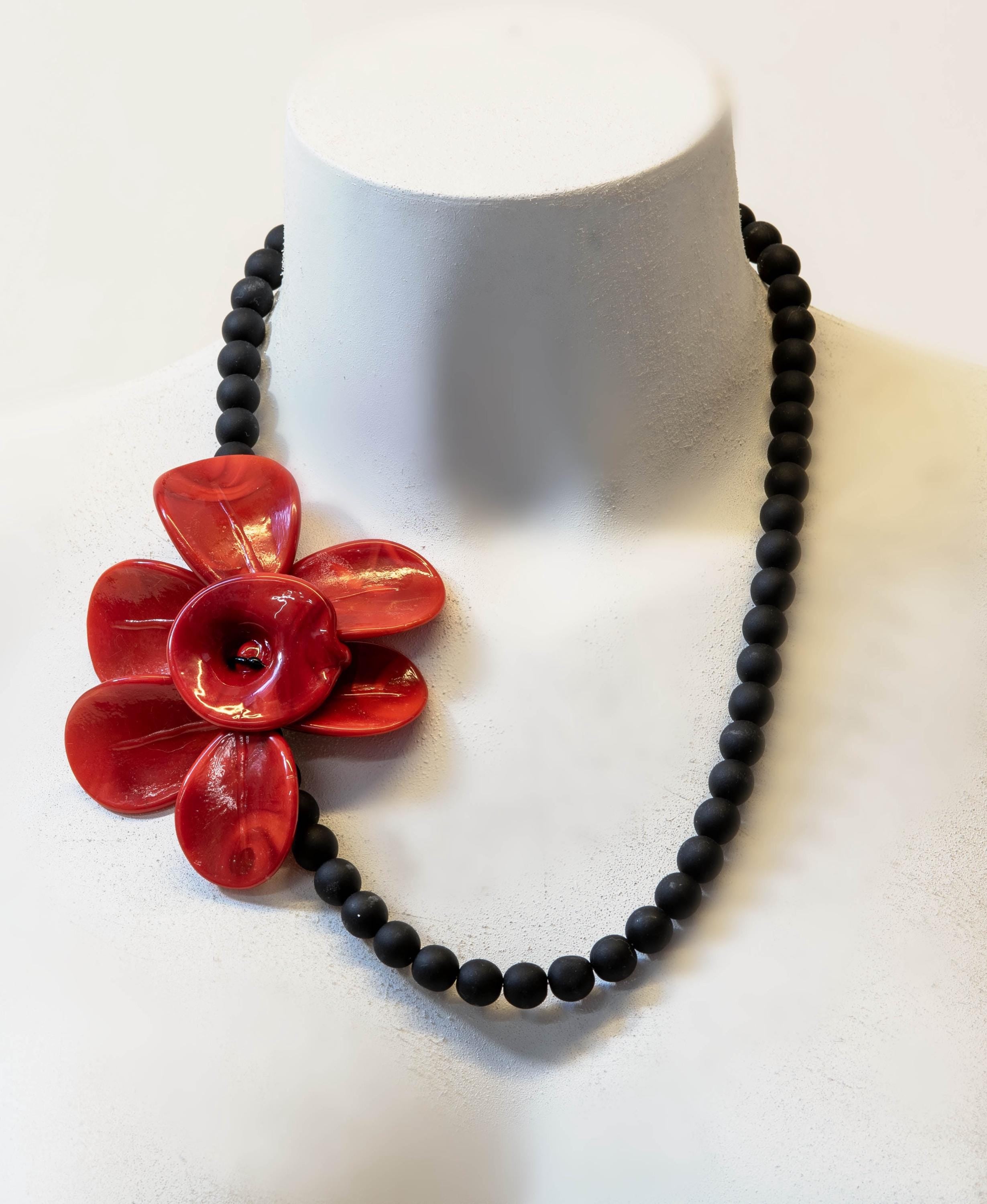 Murano Glass Necklace | Black Matte Beads & red Flower Pendant | Venetian Handmade Jewelry | Elegant Gift