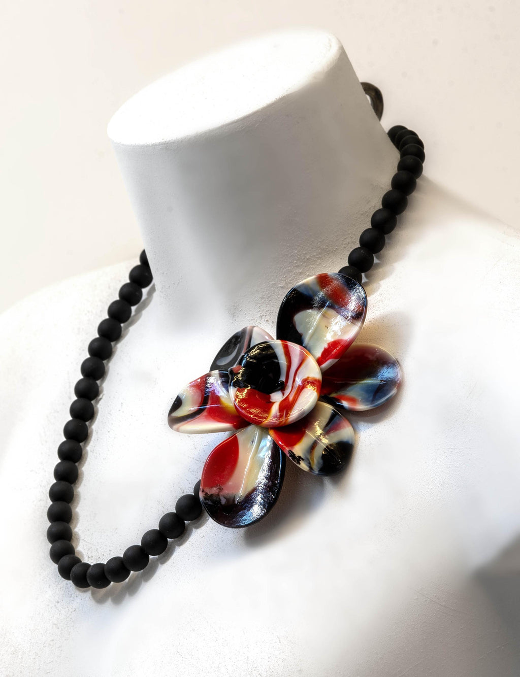 Murano Glass Necklace | Black Matte Beads & red Flower Pendant | Venetian Handmade Jewelry | Elegant Gift