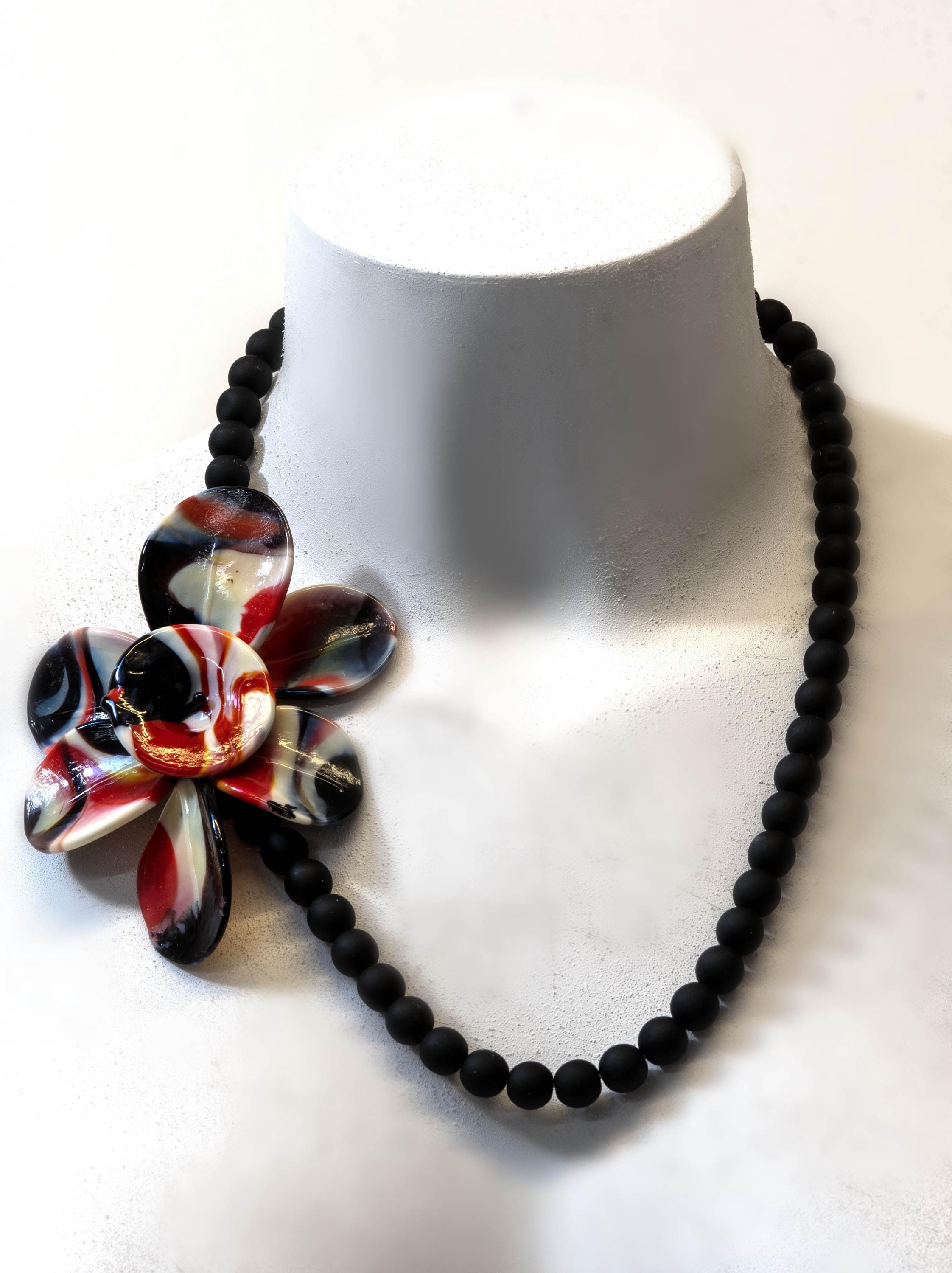 Murano Glass Necklace | Black Matte Beads & red Flower Pendant | Venetian Handmade Jewelry | Elegant Gift