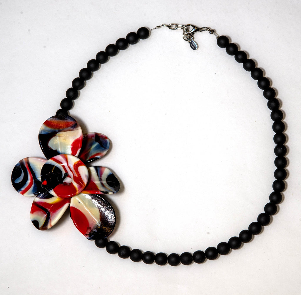 Murano Glass Necklace | Black Matte Beads & red Flower Pendant | Venetian Handmade Jewelry | Elegant Gift
