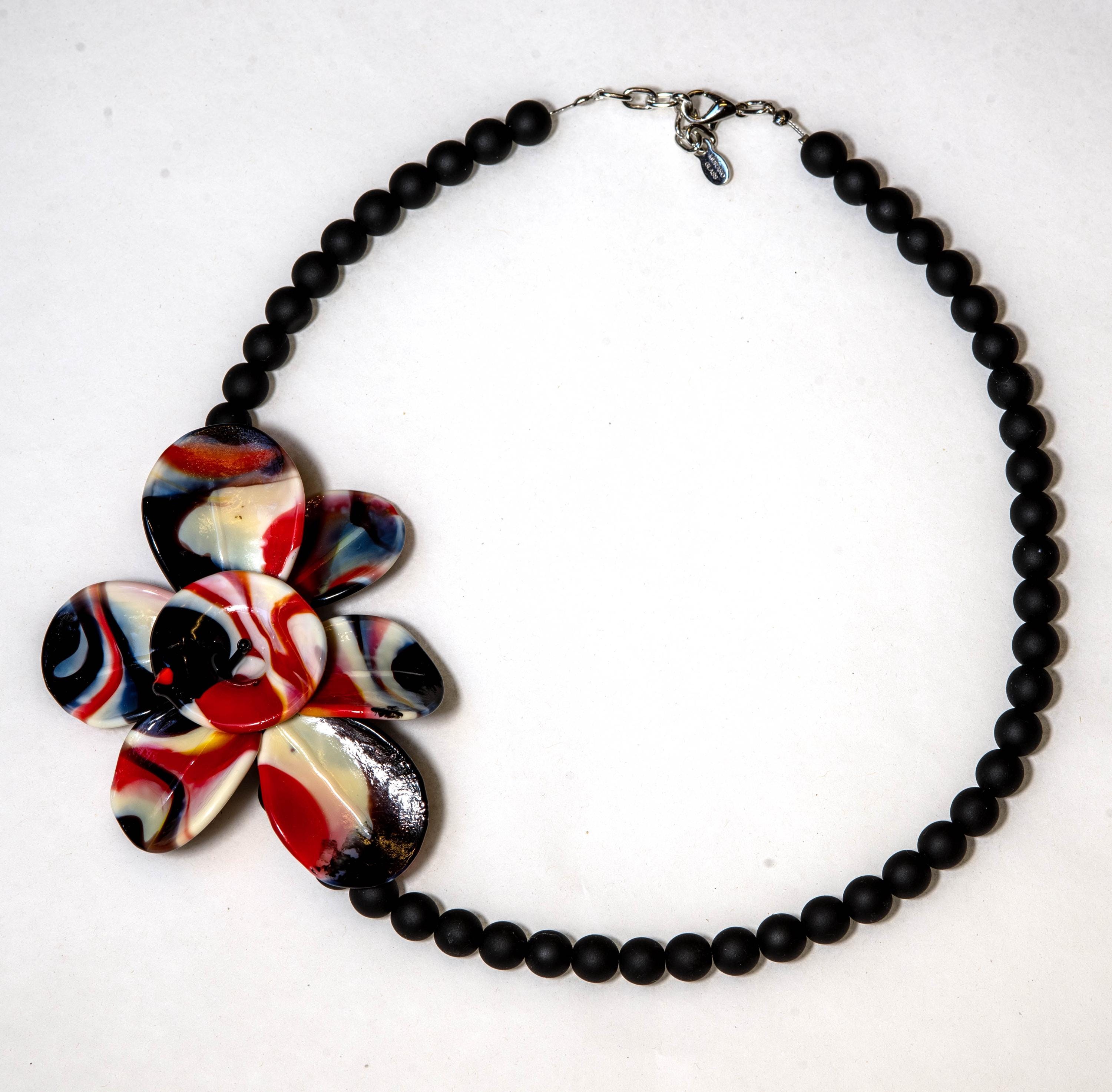 Murano Glass Necklace | Black Matte Beads & red Flower Pendant | Venetian Handmade Jewelry | Elegant Gift