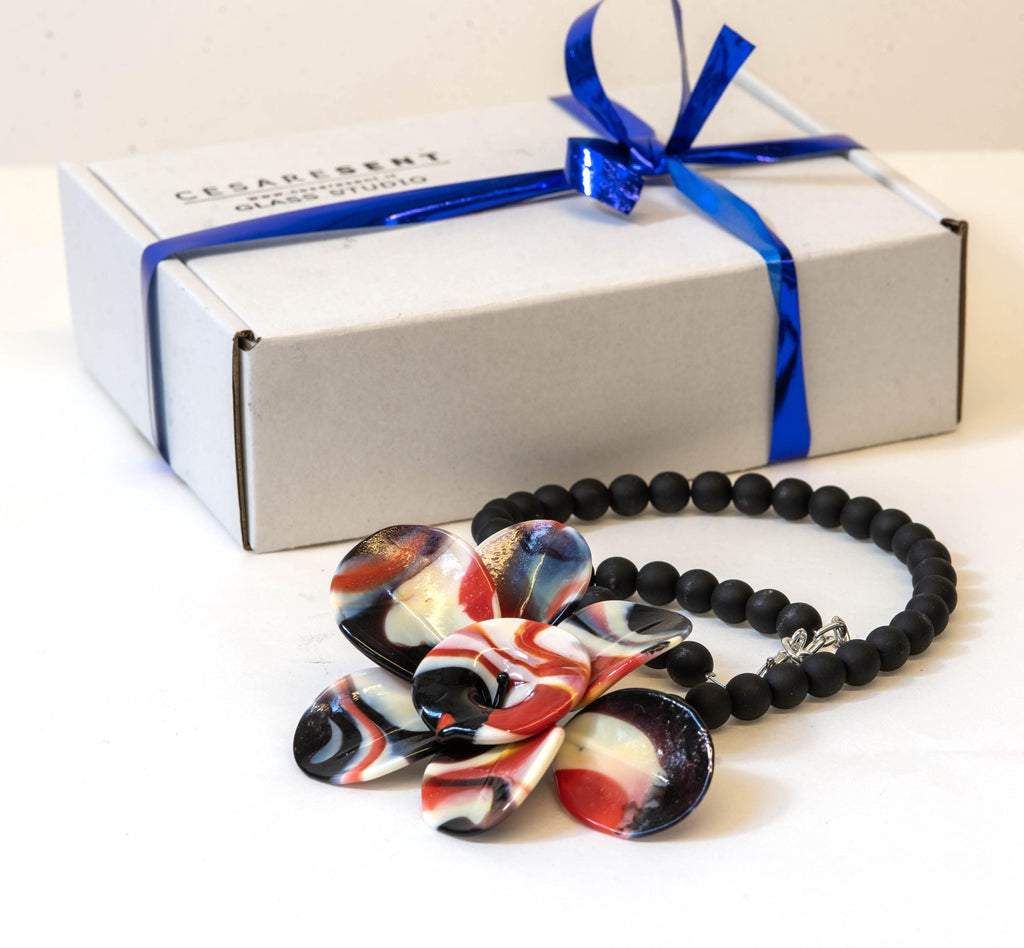 Murano Glass Necklace | Black Matte Beads & red Flower Pendant | Venetian Handmade Jewelry | Elegant Gift