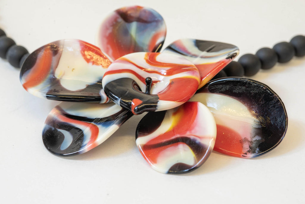 Murano Glass Necklace | Black Matte Beads & red Flower Pendant | Venetian Handmade Jewelry | Elegant Gift