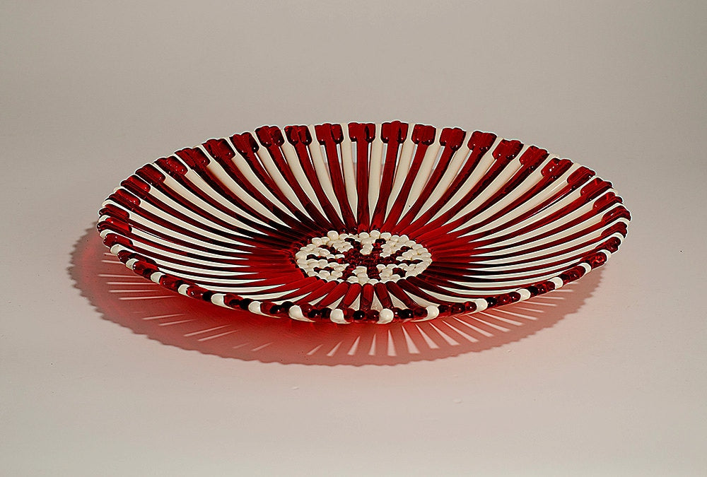 Handmade Murano Glass Plate: Red & Ivory Art Glass by Cesare Sent