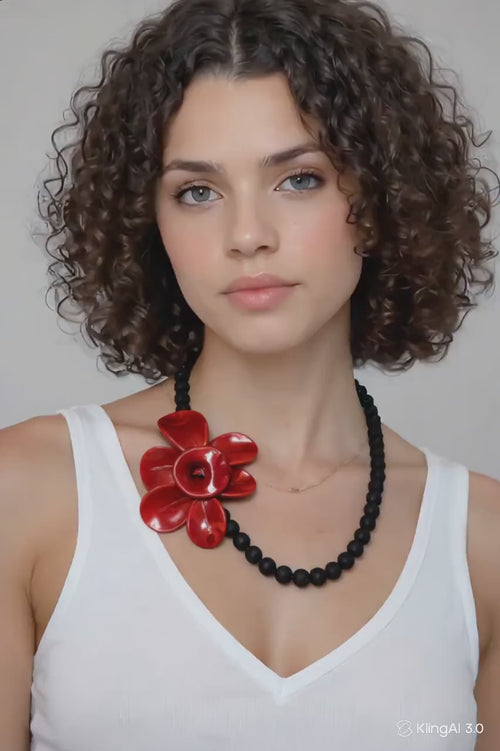 Murano Glass Necklace | Black Matte Beads & red Flower Pendant | Venetian Handmade Jewelry | Elegant Gift
