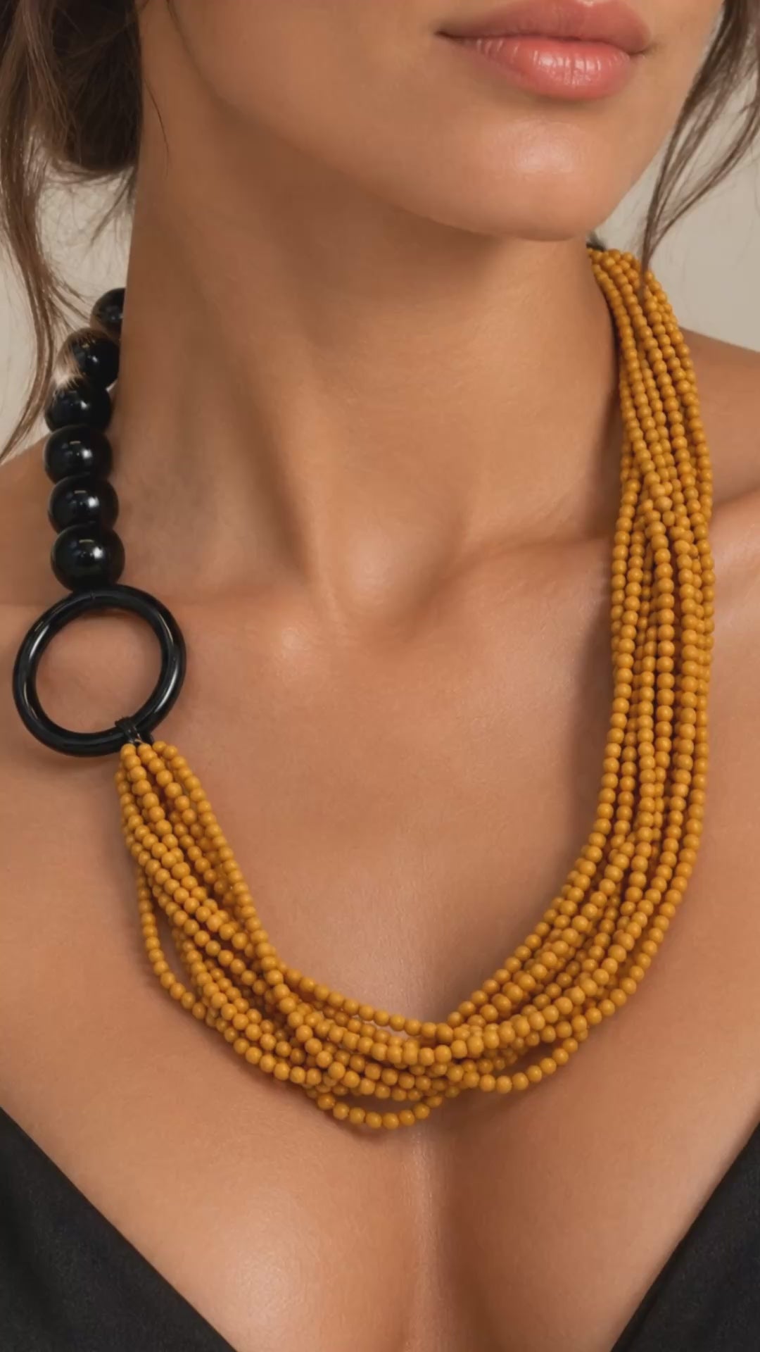 Mustard Yellow Beaded Statement Necklace with Black Ring – Contemporary Artisan Jewelry